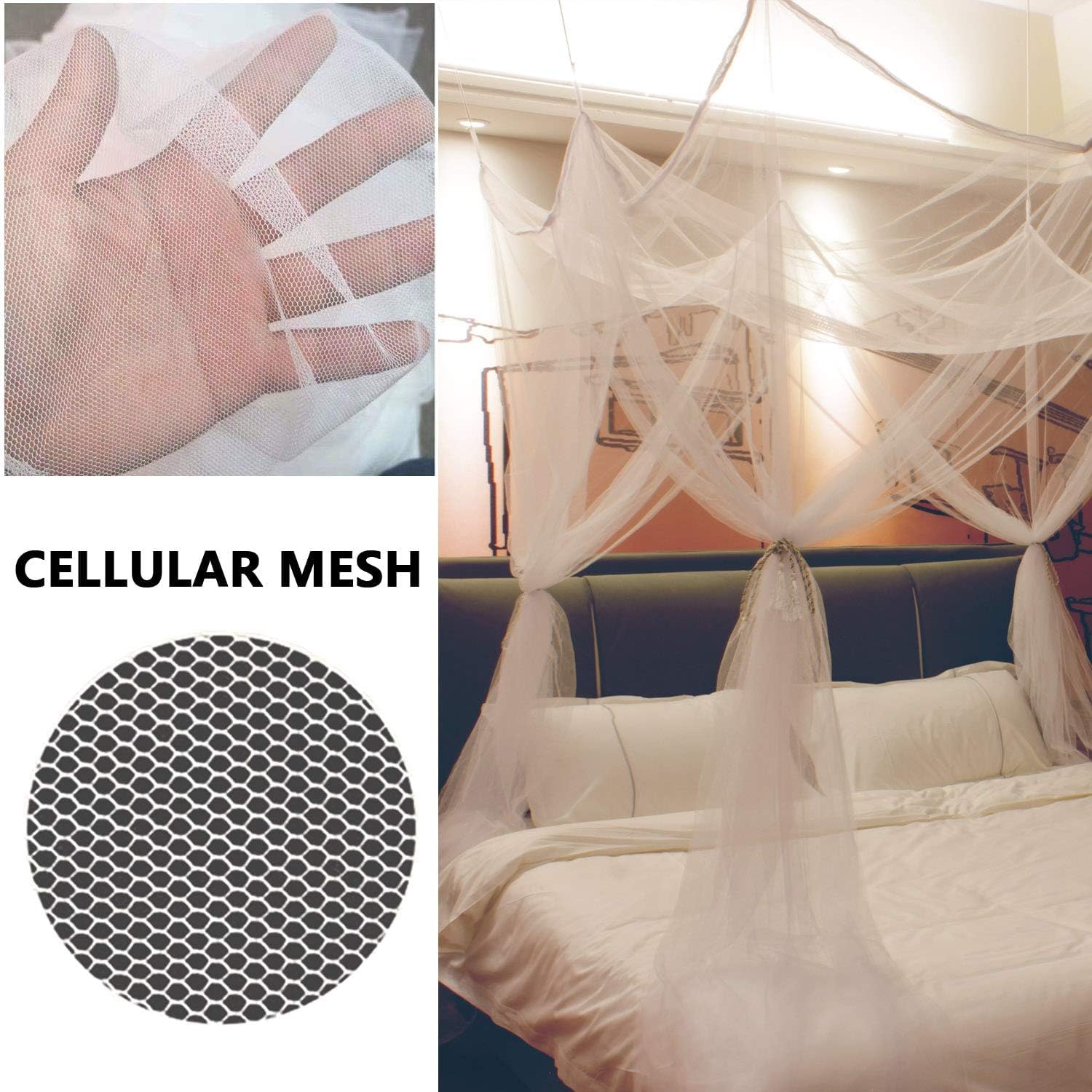 Comtelek Ciel de lit d'angle avec Guirlande Lumineuse à 100 LED - Fonctionnement à Piles - Style Unique - 4 Portes - Suggéré pour lit Double, Grand lit et très Grand lit