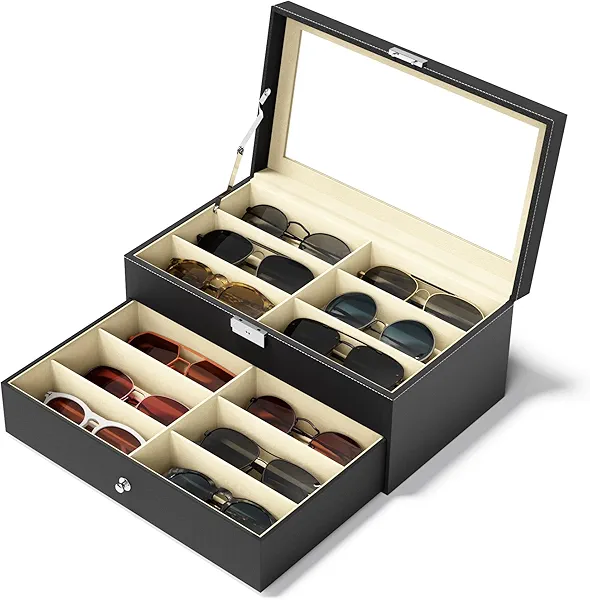 NEWLOOP Sunglasses Organizer Multiple Pairs of Glasses Display Case Sunglass Hard Shell Storage Box for Women Men 12/16 Slots