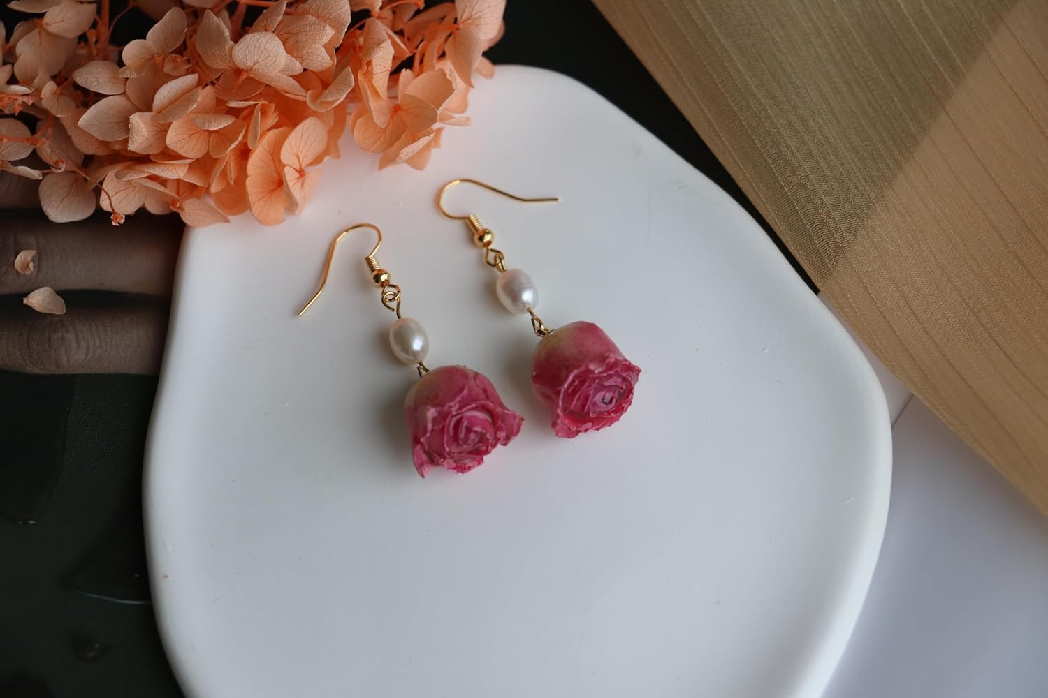 Red Rose Pearl Drop Earrings, Handcrafted Floral Dangle Earrings with Freshwater Pearls - Image 8