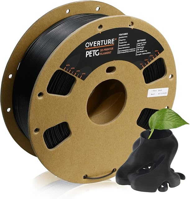 OVERTURE PETG Filament 1.75mm,3D Printer Filament PETG,1kg Spool (2.2lbs),Dimensional Accuracy +/-0.03mm,Fit Most FDM Printer(Black)