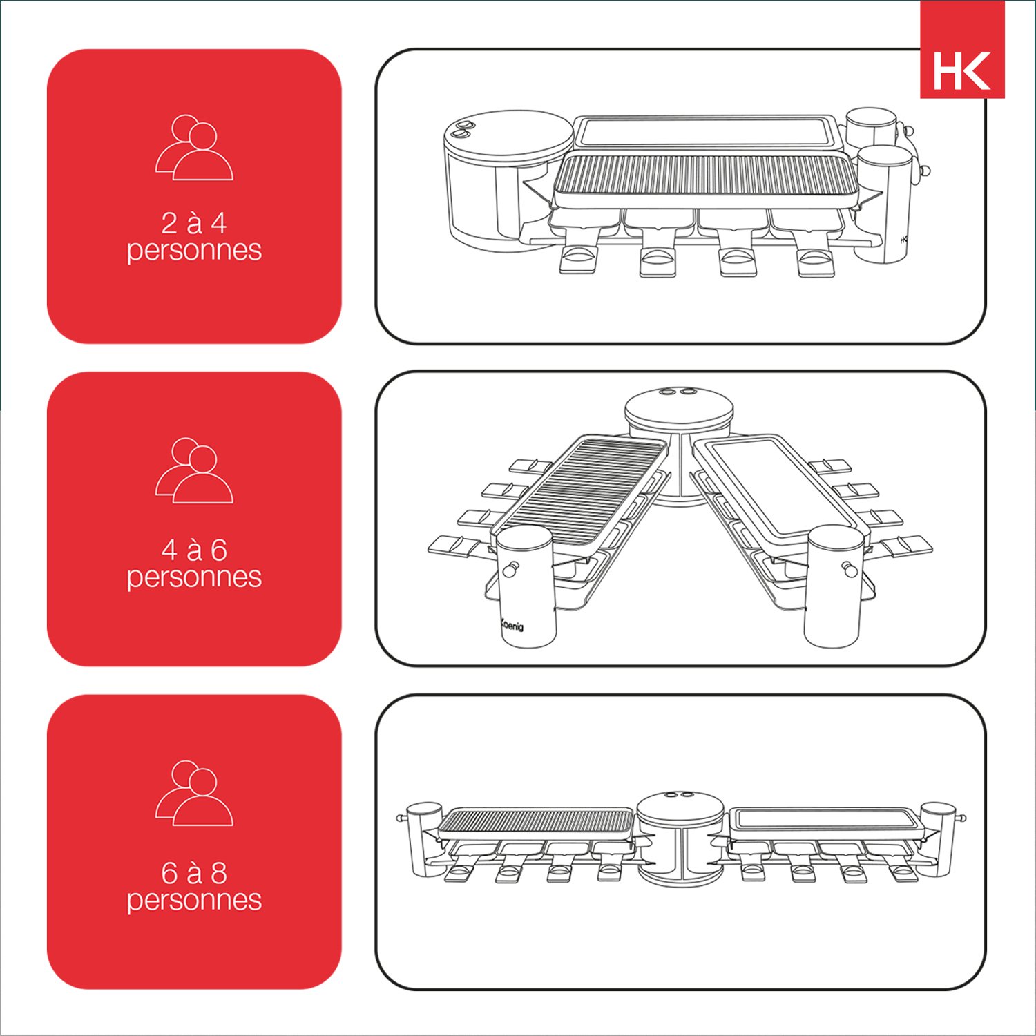 H.Koenig RP360 Raclette Multifunzione per 8 Pers., Base di rotazione 360°, Funzione Raclette/Piastra di cottura in granito/Grill, 1200W