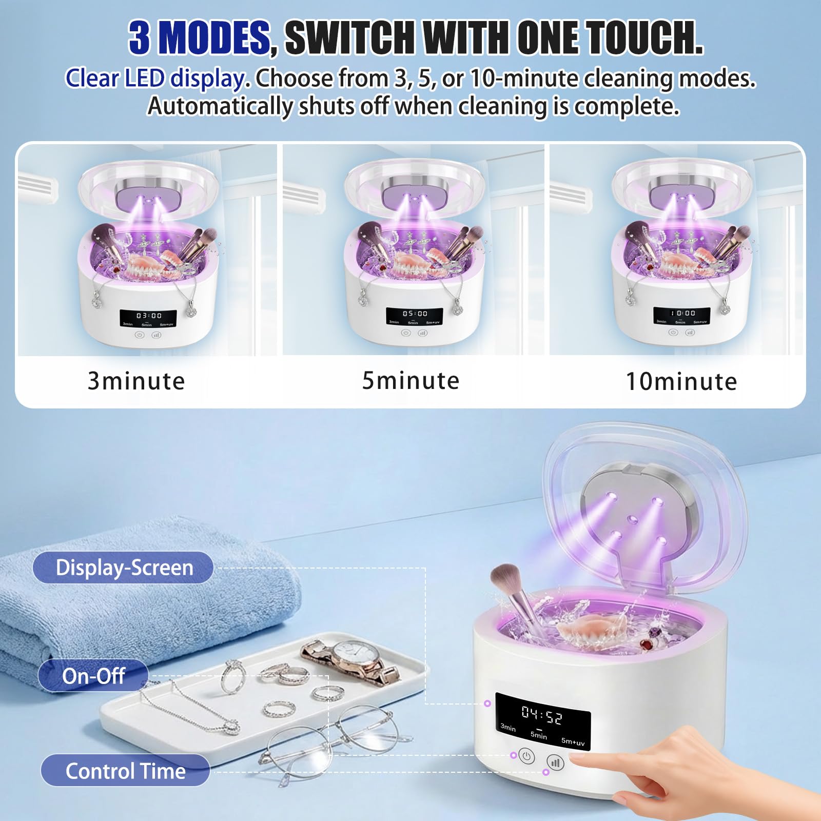 Pulitore Ultrasuoni 50000Hz, Pulitori Ultrasuoni, Ricaricabile Lampada UV Ultrasonic Cleaner, 380ml, 3 Modalità per Apparecchi Ortodontici, per Protesi, Allineatori, Testine Di Spazzolini, Gioielli
