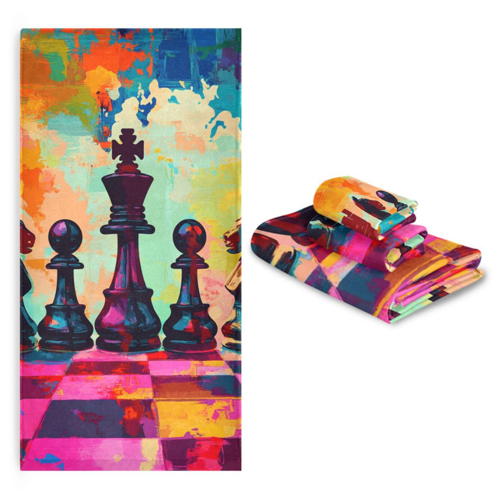 Schach-Set, saugfähig, 3-teilig, 1 Badetuch, 1 Handtuch, 1 Waschlappen für Körper, Gesicht, Badezimmer