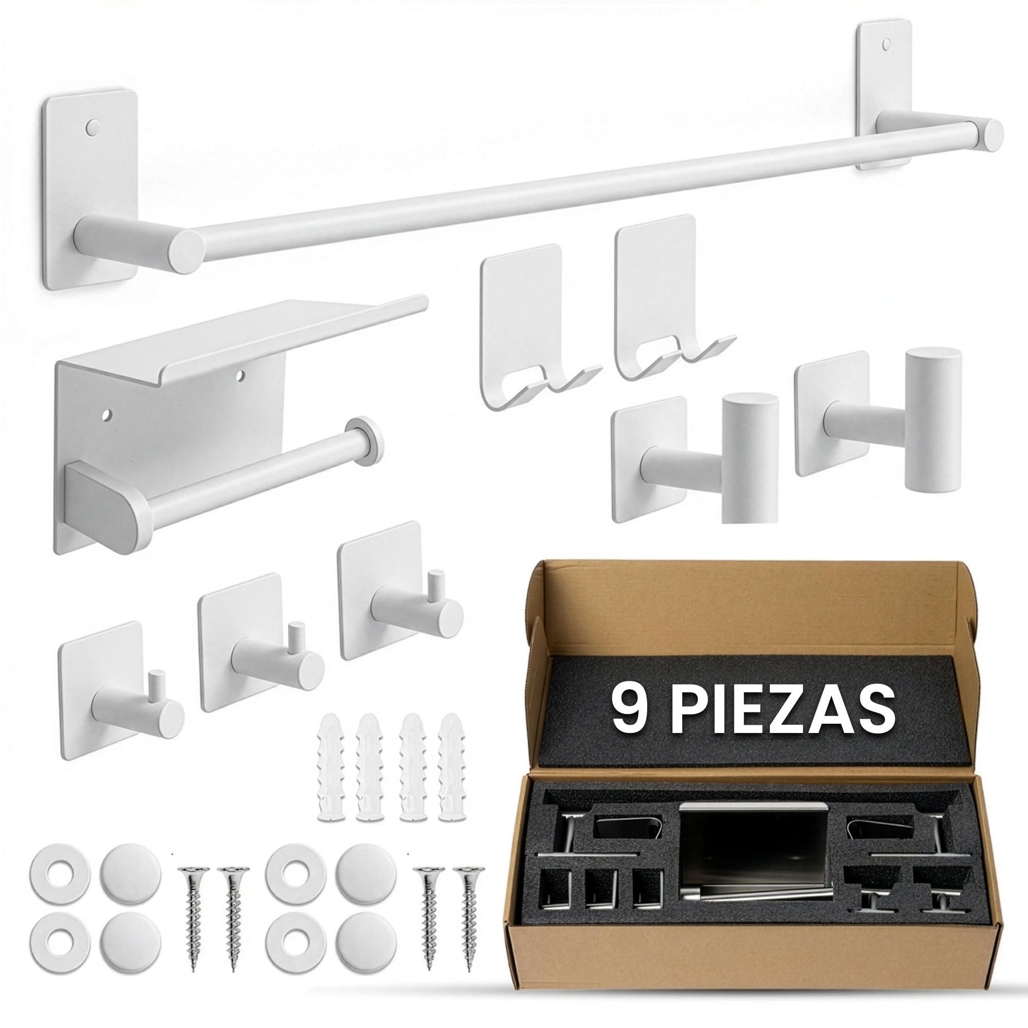 ️ Accesorios Baño Sin Taladro Set 9 Piezas Blanco, Toallero y Portarrollos con Adhesivo o Tornillos, Ganchos de Pared
