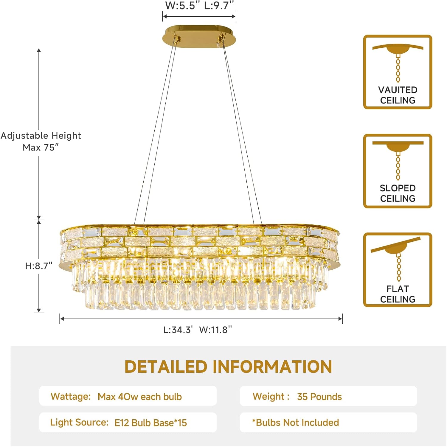 Large Oval K9 Crystal Chandelier - Luxury Modern 3 Tier Linear Crystals Chandeliers - 15 Lights Brushed Gold Pendant Light Fixture for Dining Room Kitchen Island Entryway Bar Living Room - L34.3 Inch