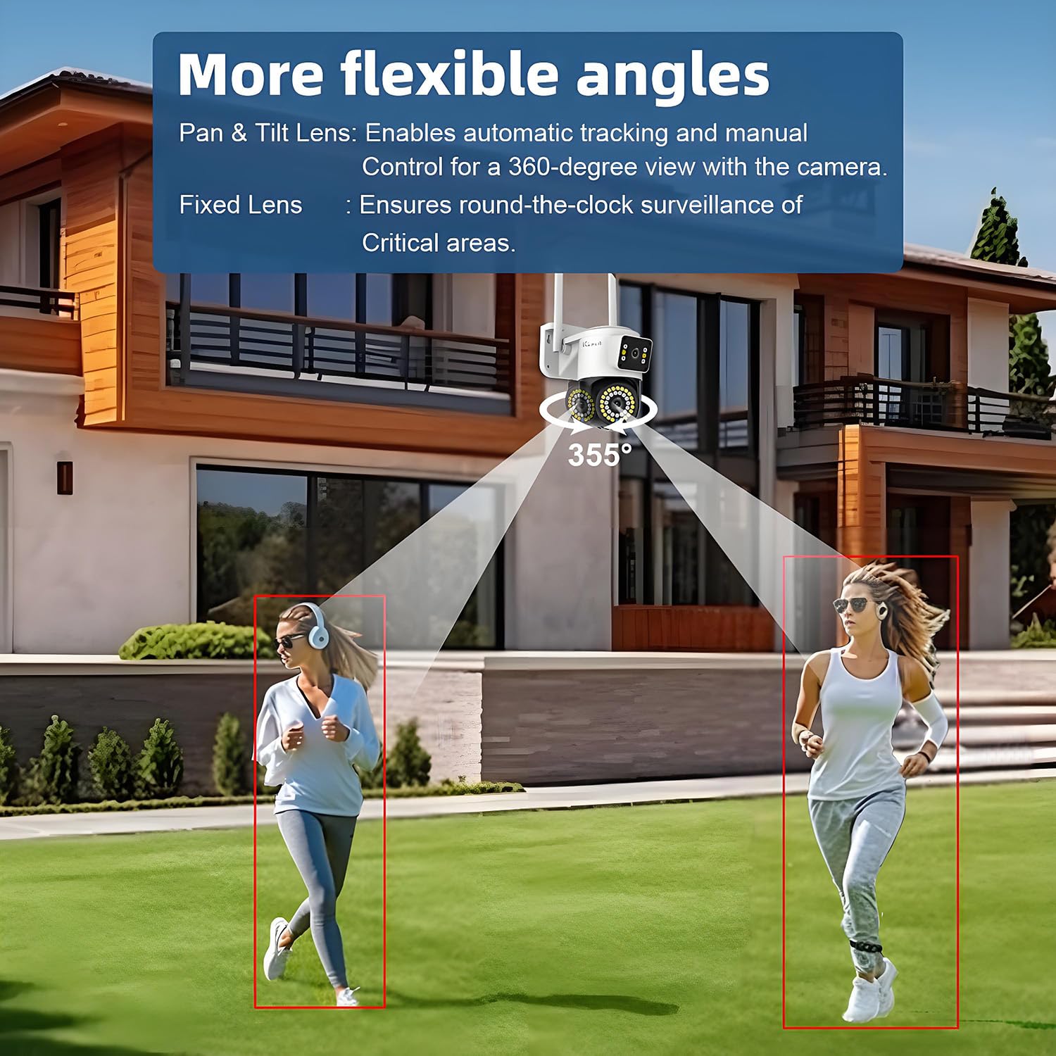 Telecamera WiFi per esterni con doppia lente per la sicurezza domestica, telecamera di sorveglianza wireless 2.4G, Motion Tracking, visione a 360°, audio a 2 vie, SD/Cloud,
