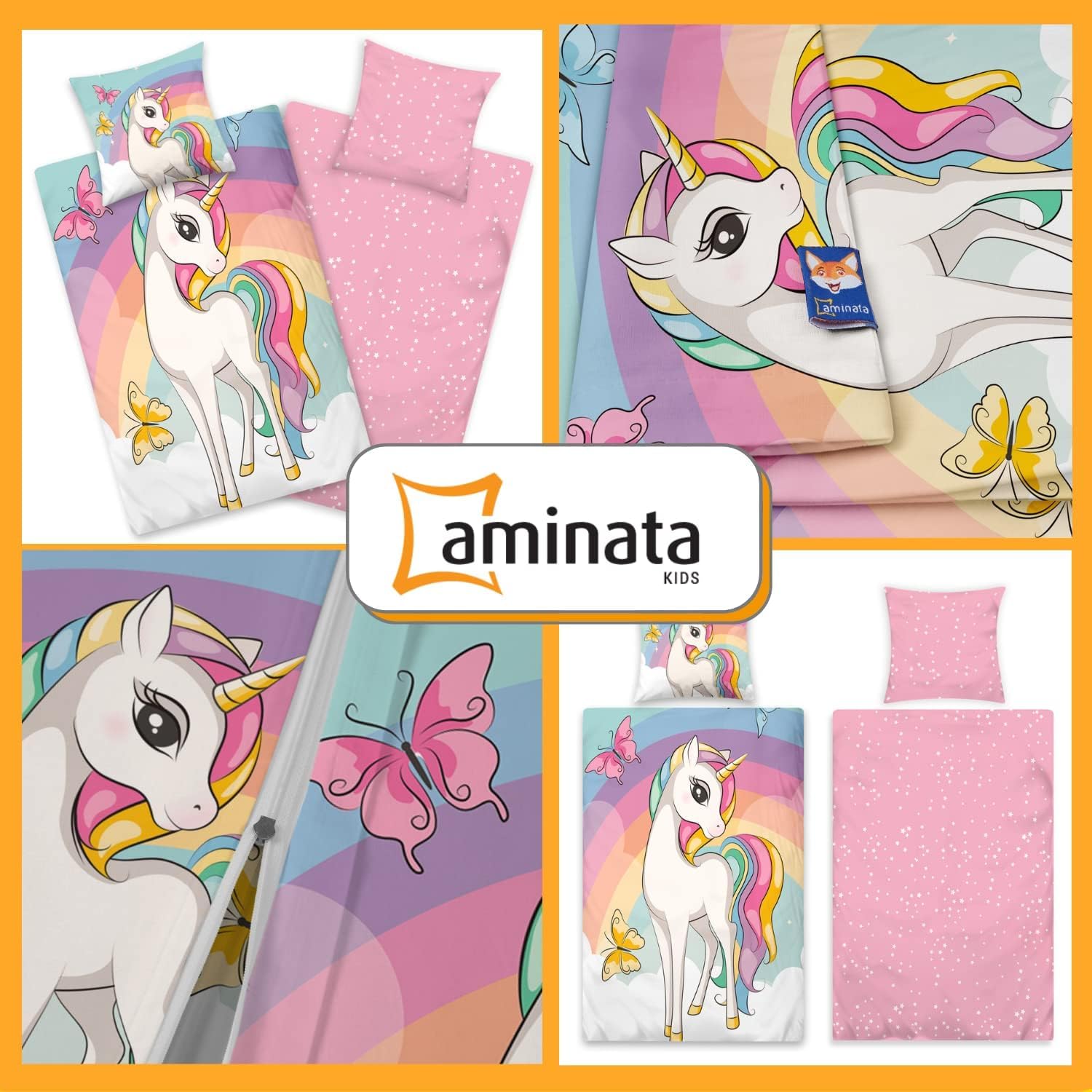 Aminata kids Bettwäsche 135x200 Einhorn-Motiv Mädchen 100% Baumwolle rosa