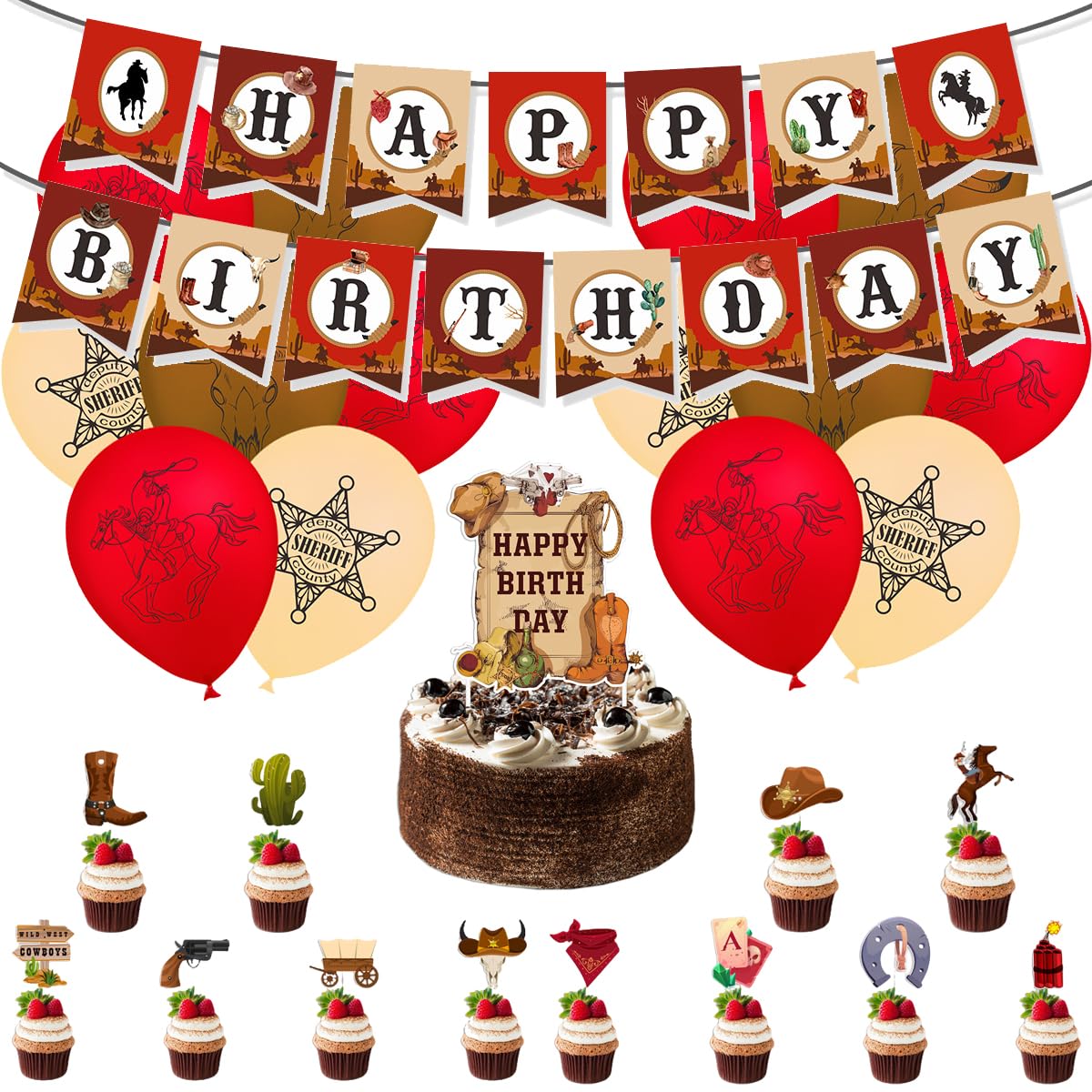 Fuwraixis Western cowboy Balloon Decoration, 28 pieces cowboy birthday Party Deco, Wild West Theme Party Supplies Set, Includes birthday banners, cake toppers and Latex balloons