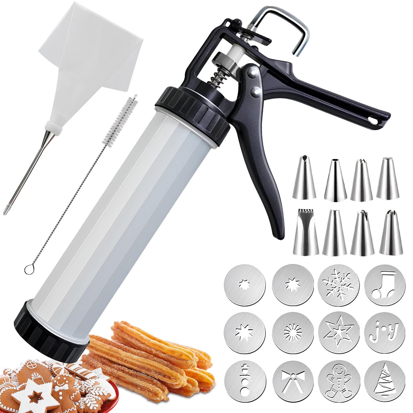 Machine a Churros,Presse à Biscuits pour Pâtisseries - Appareil a Churros avec 12 Pochoirs, 8 Douilles et Poche à Douille - Presse à Churro Pistolet à Pâtisserie pour Gâteaux Dessert et Biscuits