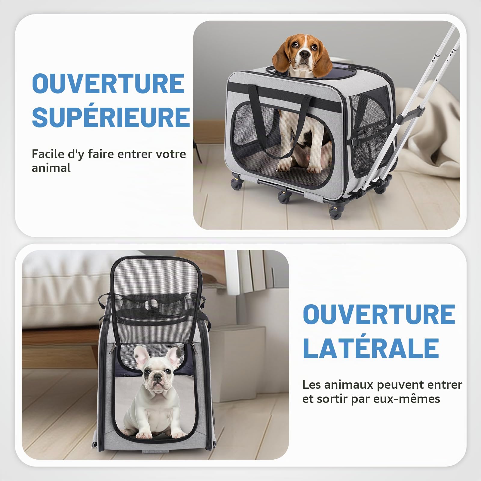 Sac Transport Chat Chien 20kg, Caisse de Transport Chat avec roulettes Amovibles, Cage Transport Chat Pliable, Gris