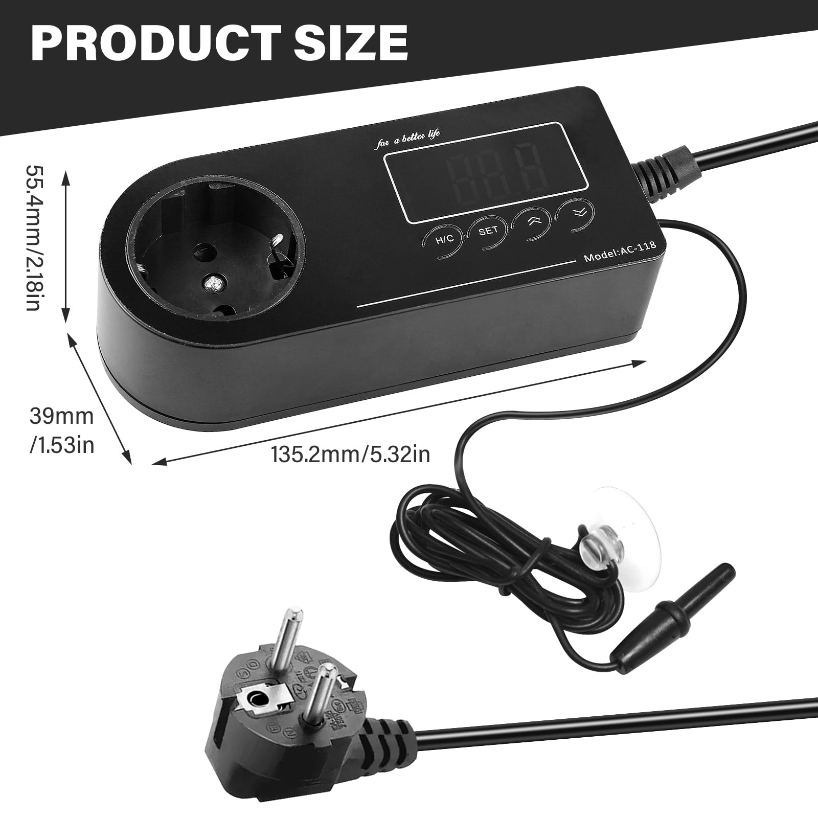 Thermostat Steckdose mit NTC Sensor, Digitaler Temperaturregler, EU-Stecker, Thermostatgesteuerte Steckdose, Heizen Kühlen Temperaturschalter 16-40℃, für Reptilien, Gewächshaus, Aquarium, Terrarium