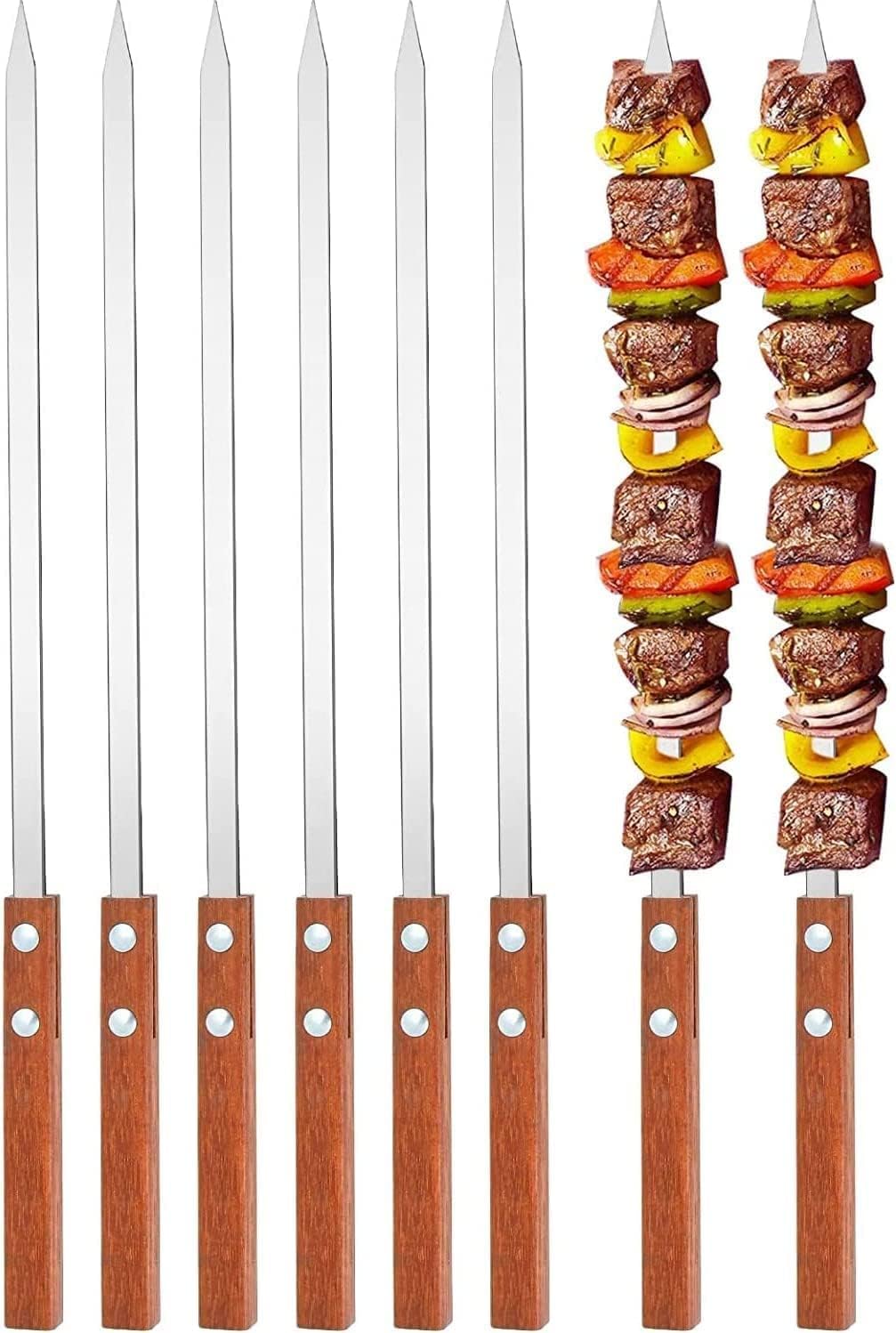 Mybluesi, 12 Pieces Skewers for Kabobs 0.4 Inch Wide Thin Stainless Steel Kebab Skewers Long Skewers Barbecue Skewers Reusable Metal BBQ Skewers with Wood Handle for Father's Day Present.