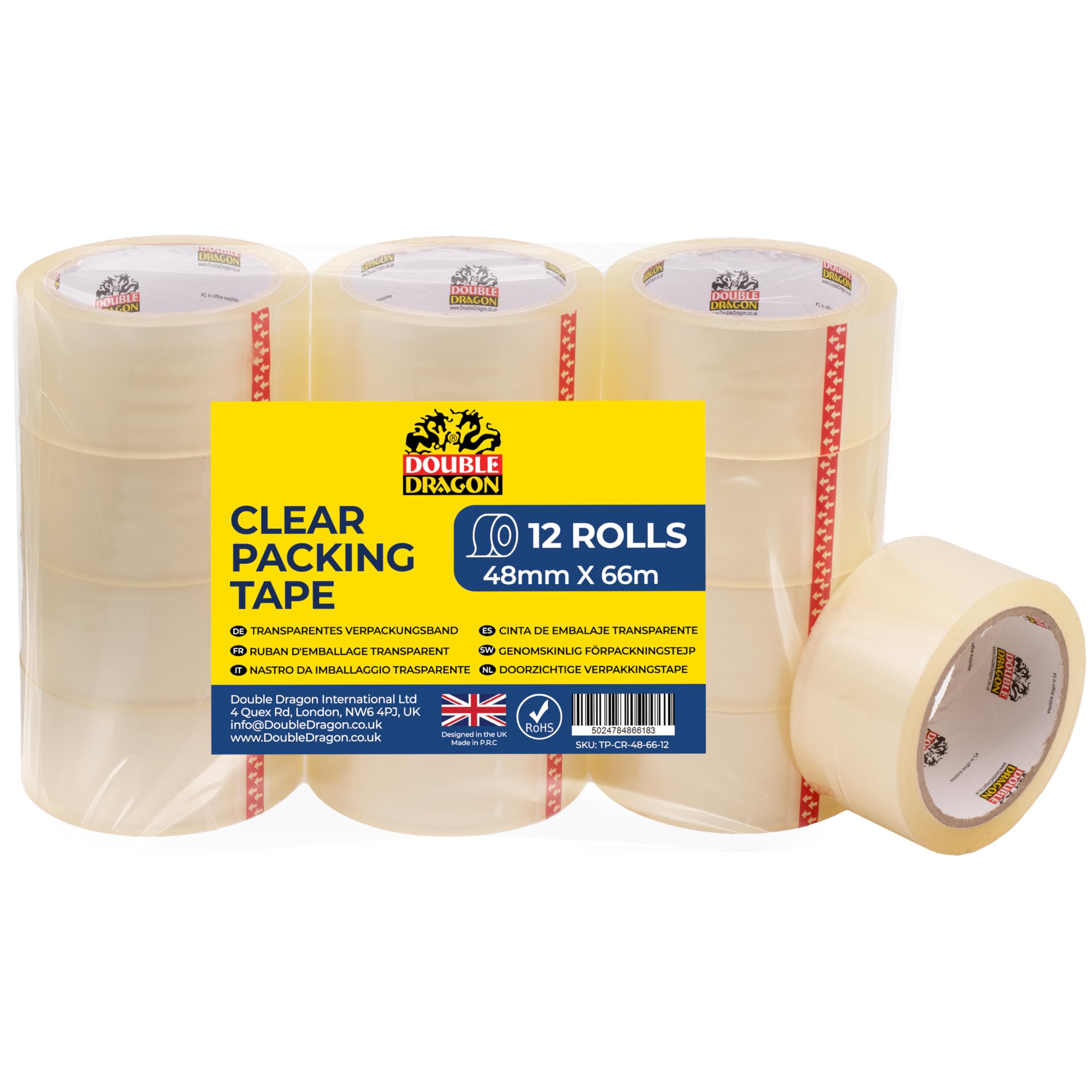 Double Dragon Clear Packaging Tape – Heavy-Duty, 48mm wide x 66m long (12 Rolls) | Strong Adhesive Cellotape Sellotape for Boxes, Parcels, Moving & Long-Term Storage | Transparent Sealing Tape
