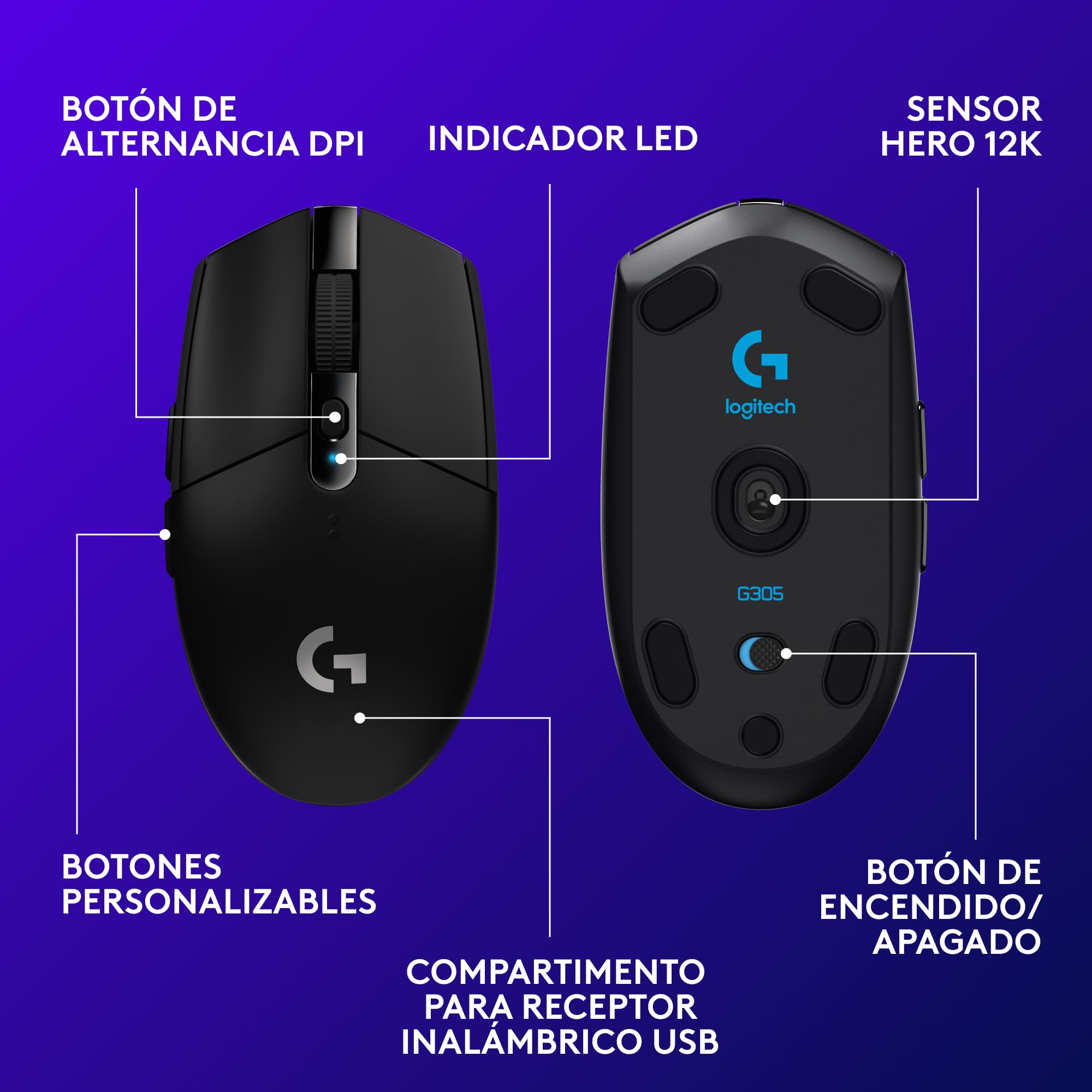 Logitech G G305 Lightspeed Ratón Gaming Inalámbrico, Captor Hero 12K, 12,000 dpi, Ultra-Ligero, Batería de 250h, 6 Botones Programables, Memoría Integrada, PC/Mac - Negro