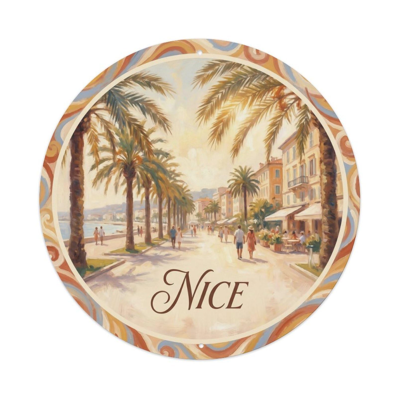 Palm Promenade Nice France Impressionist Riviera Travel Metal Tin Sign Plaque Wall Decor for Cafe, Man Cave, Club Bar, Office, Home Garden Round Metal Poster 8x8Inch