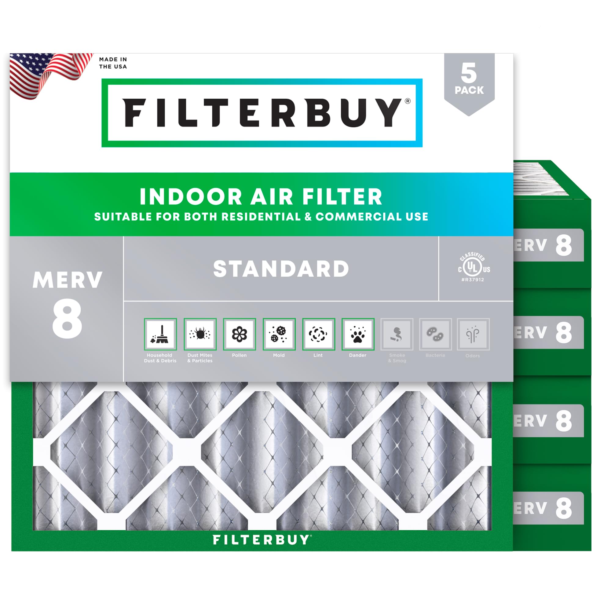 Filterbuy 20x20x4 Air Filter MERV 8 Dust Defense (5-Pack), Pleated HVAC AC Furnace Air Filters Replacement (Actual Size: 19.50 x 19.50 x 3.63 Inches)