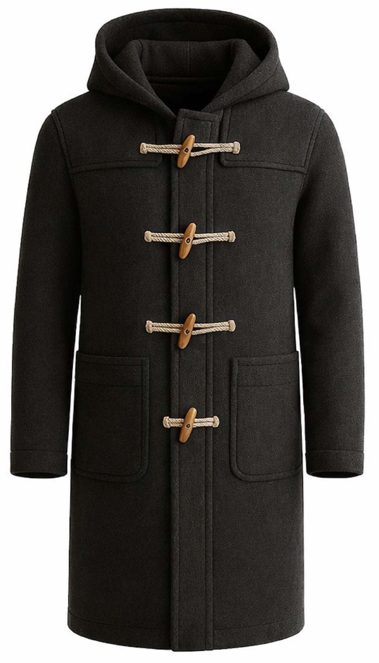 Klassischer Dufflecoat für Herren, Wollmischung, mit Kapuze, Holzknebel-Stil