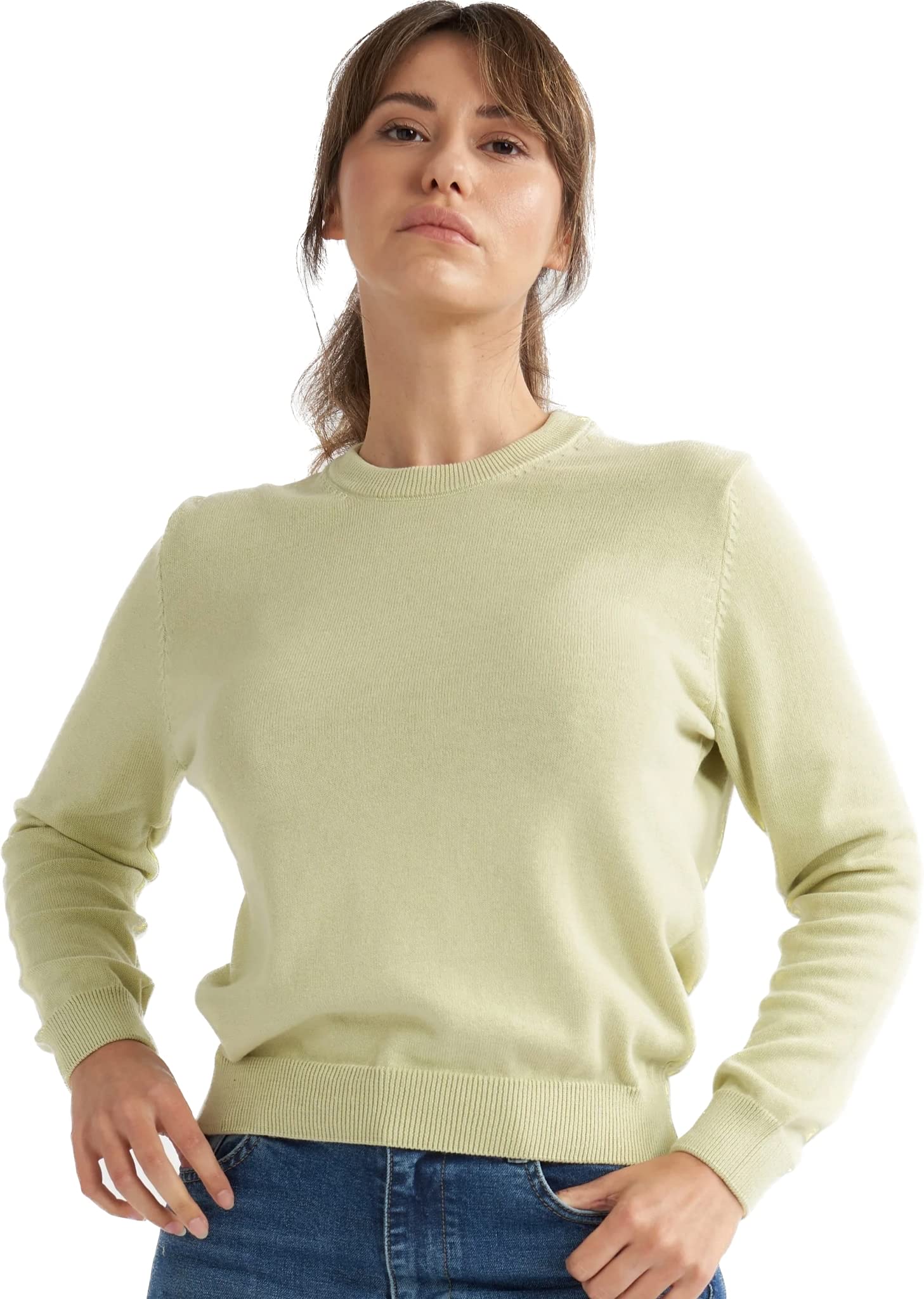 Alsestudio Women's Green Crewneck Jumper 100% Cotton Premium Quality Silk Touch Long Sleeve Pullover Essential Style Knitted Sweater For L