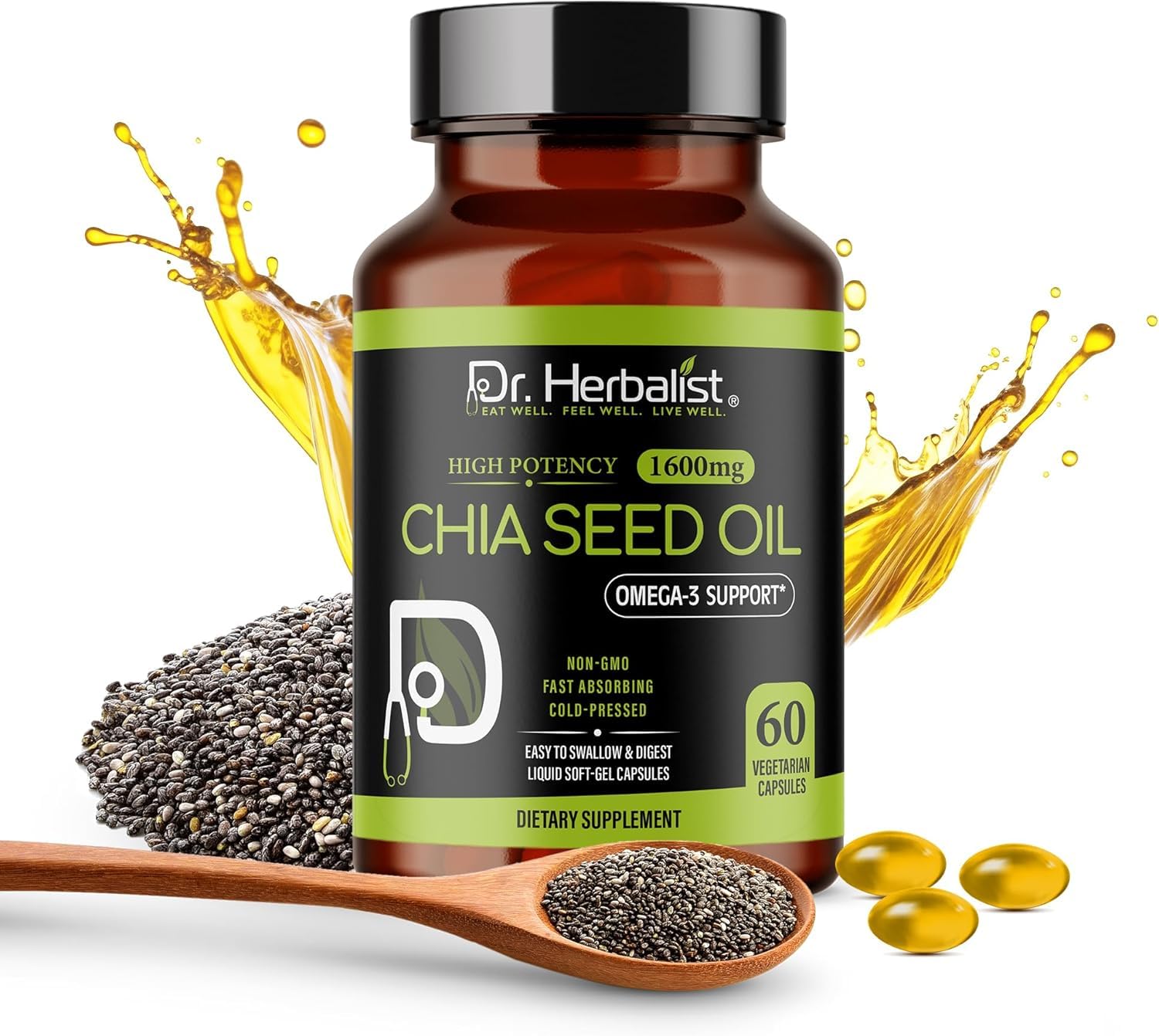 Dr. HERBALIST Chia Seed Oil 1600mg Softgels - Plant-Based Superfood Supplement with Omega 3 Fatty Acids, Antioxidants &amp; Natural Nutrients - 60 Capsules for Men &amp; Women