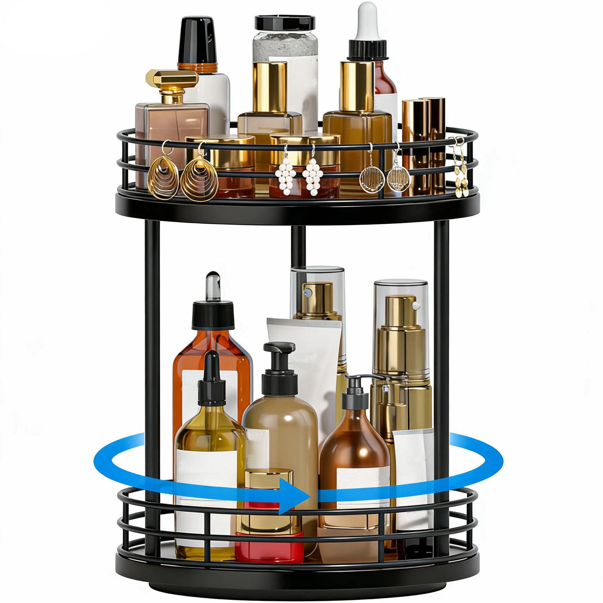Photo 1 of 2-Tier Rotating Bathroom Countertop Organizer, Wooden Makeup Vanity Storage, Multifunctional Lazy Susan Turntable for Skincare, Perfume and Cosmetics (Black)