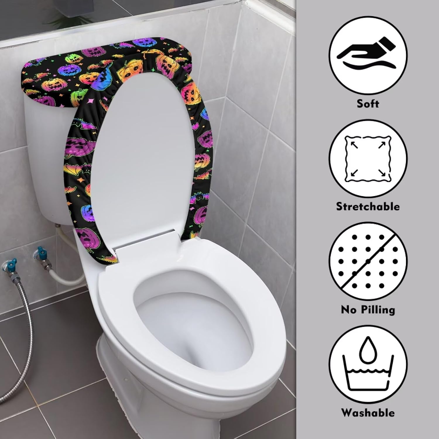 Halloween Colorful Pumpkin Bat Toilet Seat Cover and Toilet Tank Cover Dustproof Toilet Lid Cover Suitable for Universal and Extended Toilets image 3