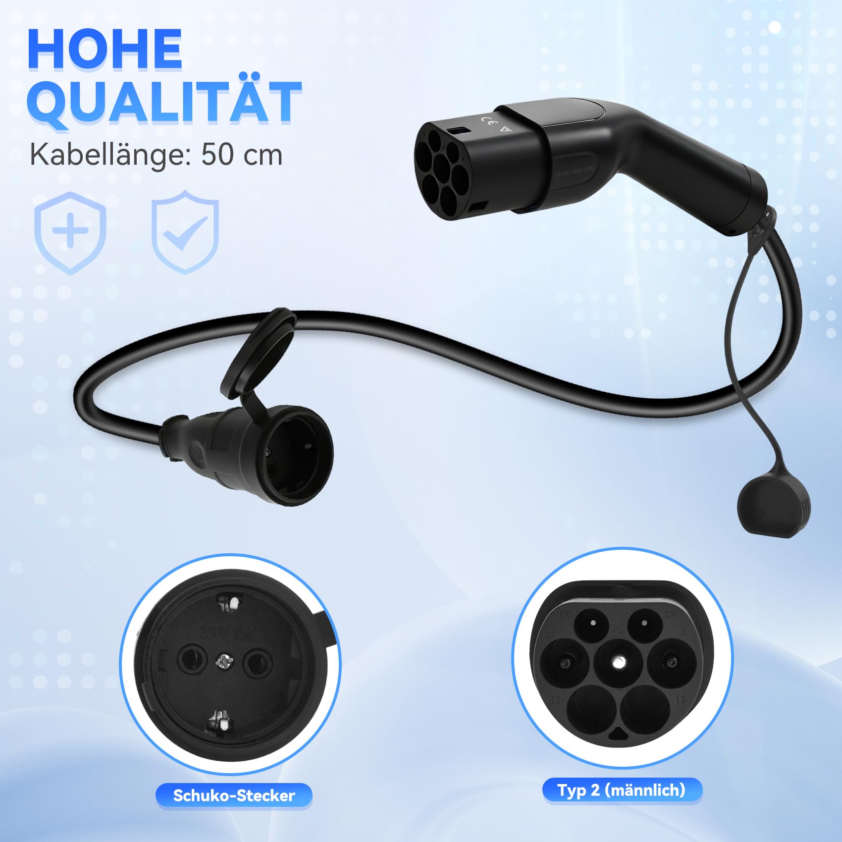 JULIK Typ 2 auf Schuko Adapter 16A 250V, Typ2 IEC 62196 EV Ladekabel LadegeräT Ladestationen Wallbox zu Schuko Steckdose für Elektrofahrzeuge E-Auto E-Motorrad Haushaltssteckdose (schwarz)