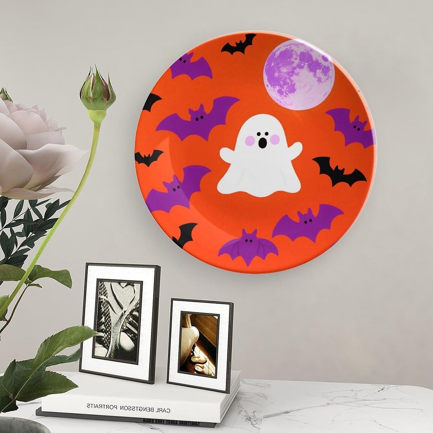 Ghost Bat Halloween Decorative Plates Bone China Plates with Stand for Display 8inch Round Ceramic Dinner Plates Dessert Plate for Kitchen Party Coffee Table Decor Art