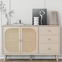KOMHTOM Beige Sideboard with Rattan Doors, Storage Cabinet with 2 Doors and 3 Drawers for Living Room, Bedroom, Dining Room, Hallway (C)
