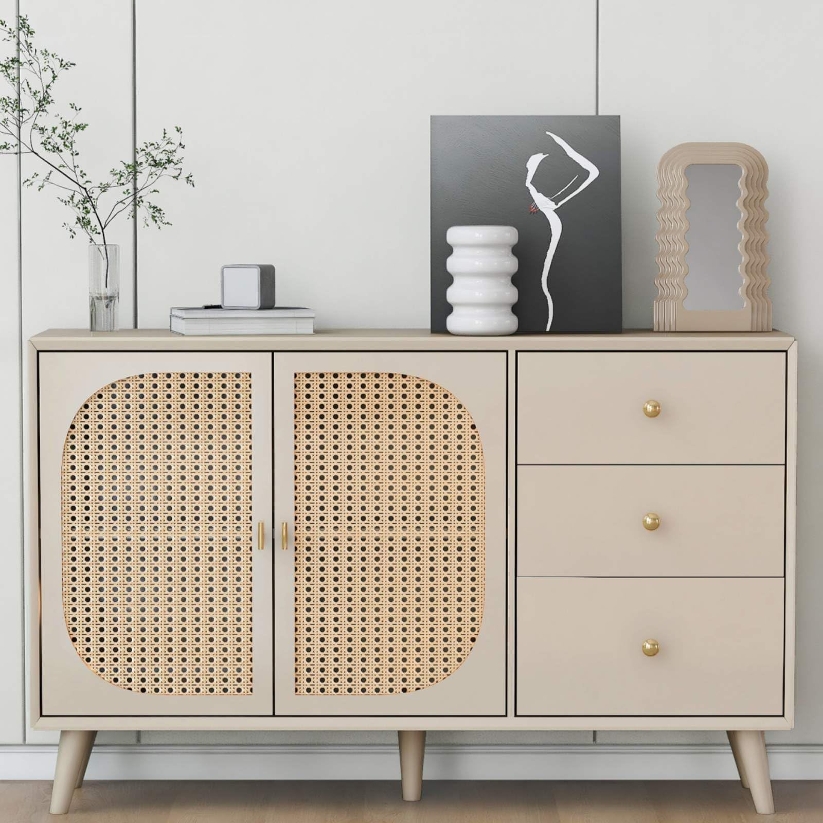 KOMHTOM Buffet Beige avec Portes en rotin, Meuble de Rangement avec 2 Portes et 3 tiroirs pour Salon Chambre à Coucher Salle à Manger Couloir (Beige Clair-D)