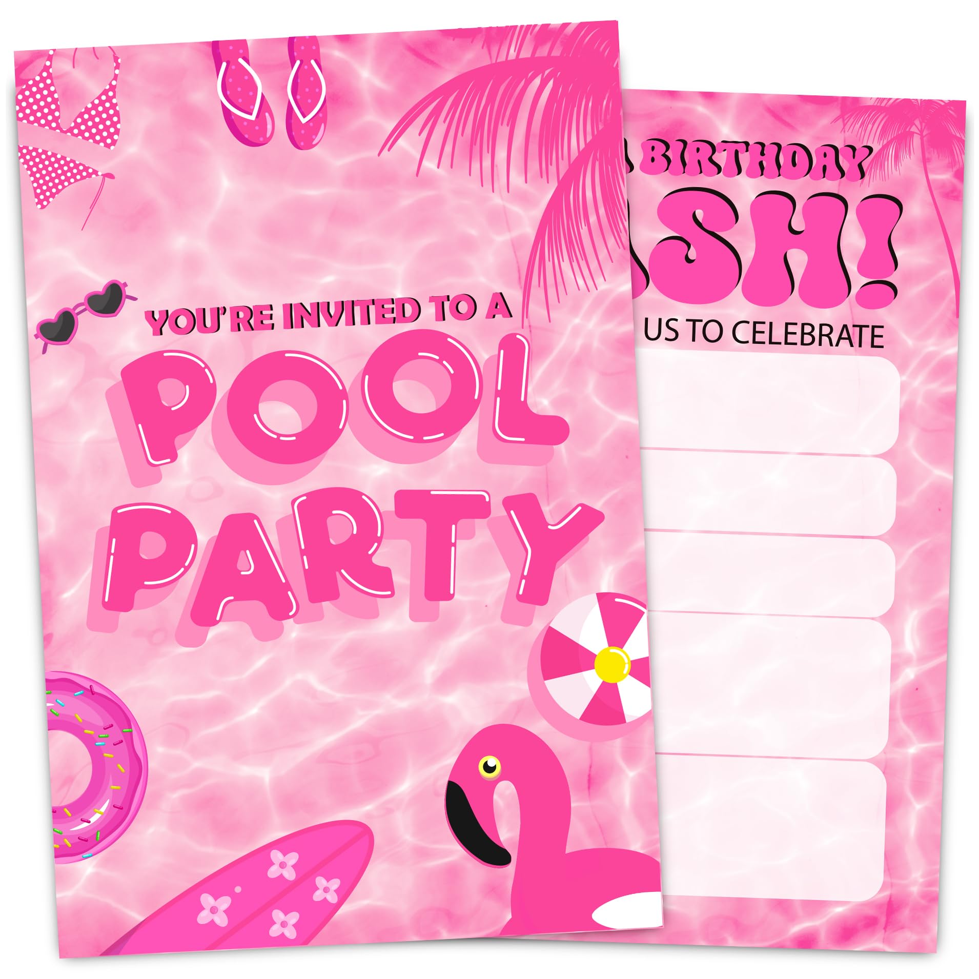 VIVORA Pink Pool Party Birthday Invitation Card for Girls, Swim Pool Birthday Party Invites, 30 Cards & 30 Envelopes, 4x6 Inches, Double-Sided