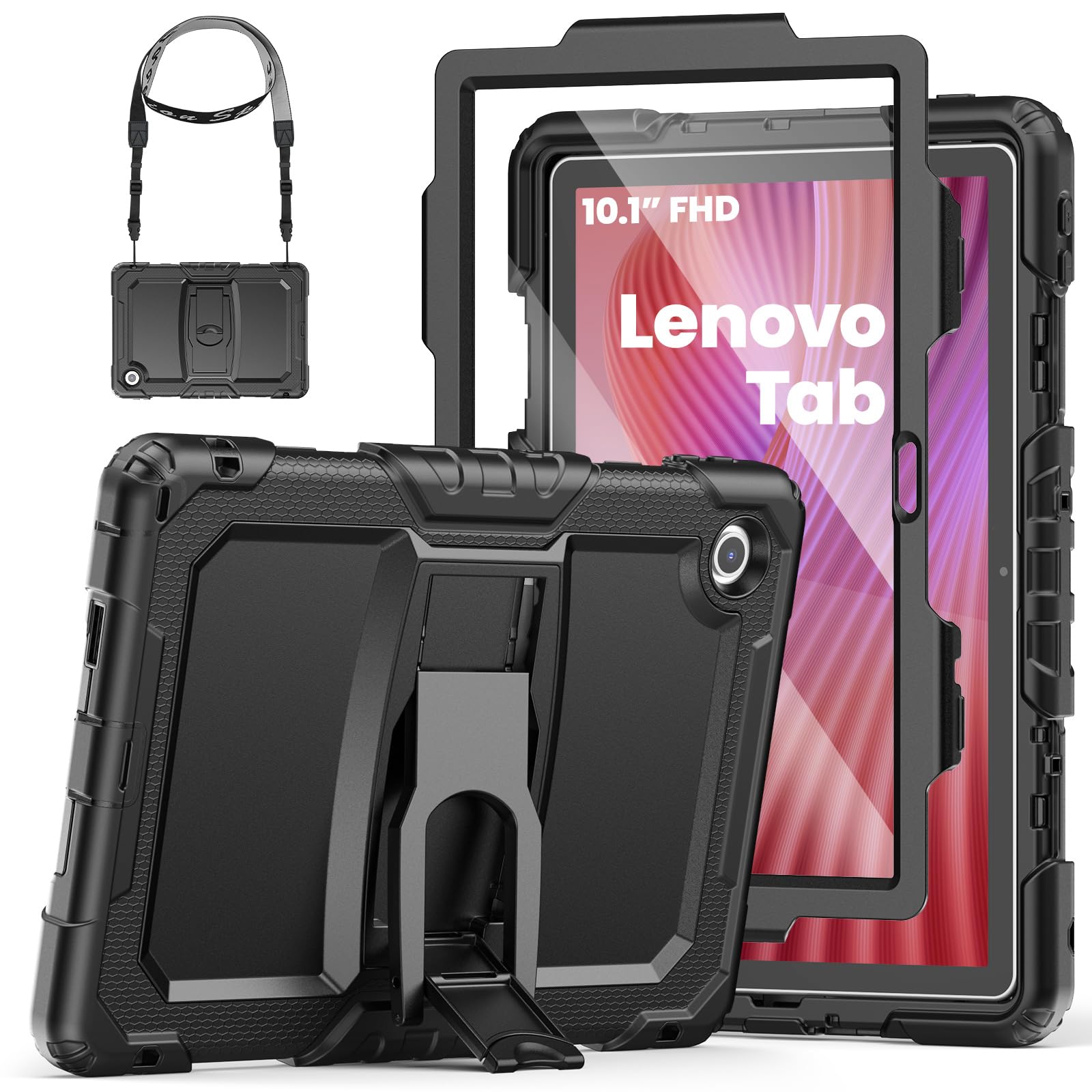 SEYMAC Custodia per Lenovo Tab 2025 10.1 pollici (TB-311FU/TB-311XU), Custodia Antiurto con Proteggi Schermo/Supporto Pieghevole/Tracolla, Nero