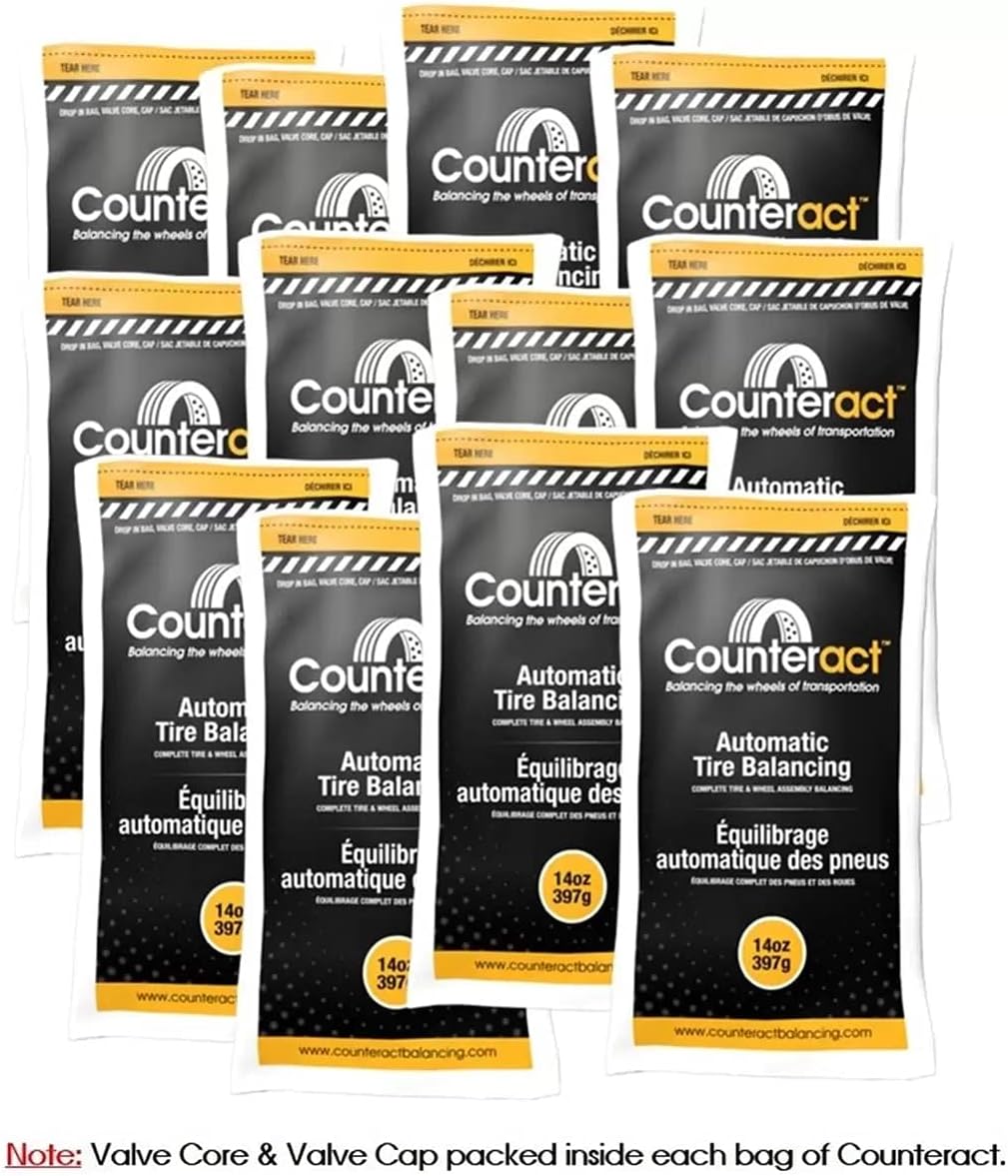 Counteract 14OZ-B12 Centrifugal Force Tire/Wheel Balancing Beads - Off-Road Vehicles, Light Duty Truck Tires, (12) 14oz Balance Bead Bags, (12) Valve Caps and Cores