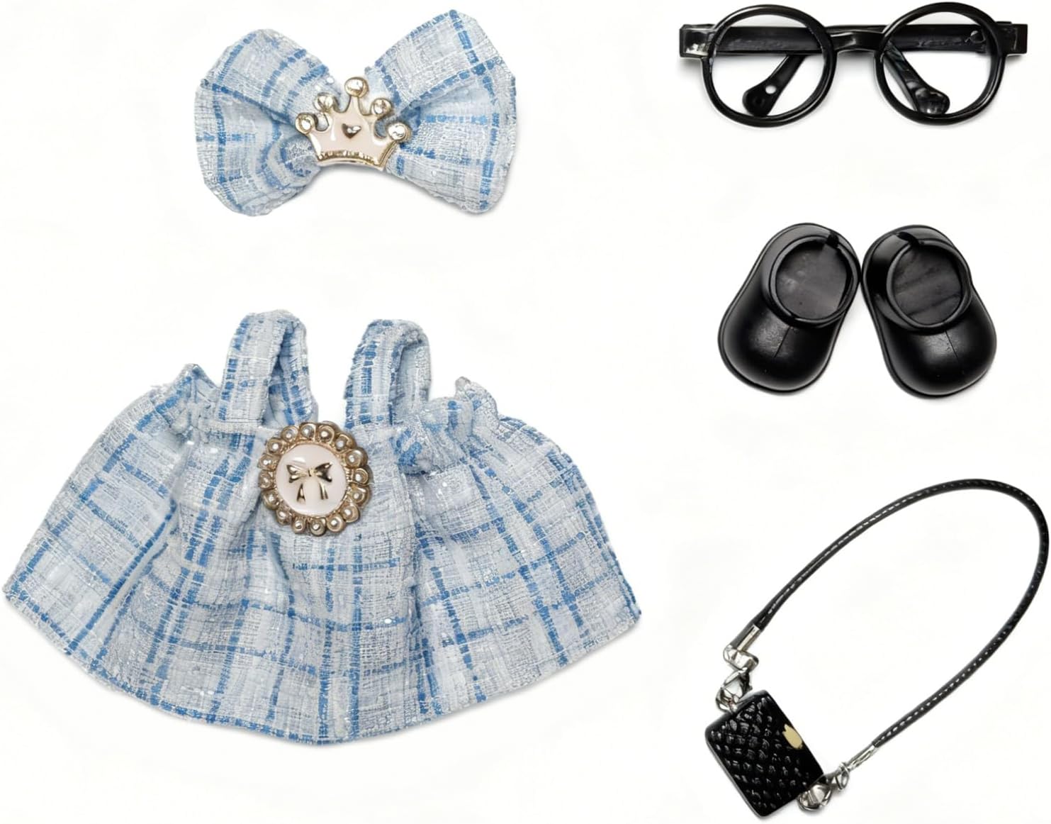 17cm Doll Clothes for Labubu, Clothing Outfits & Accessories Set, Dress Up Outfit for Labubu Doll with Purse Shoes Glasses (Blue Dress Set)