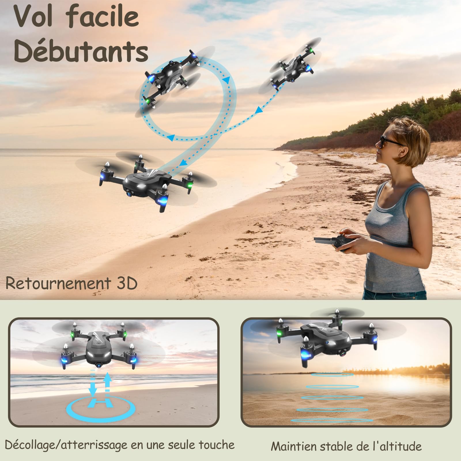Drone avec Caméra HD 1080P, Wipkviey T26 drone enfant adulte avec vidéo, Flip 3D, Capteur de gravité, Maintien de l'altitude, Mode sans tête