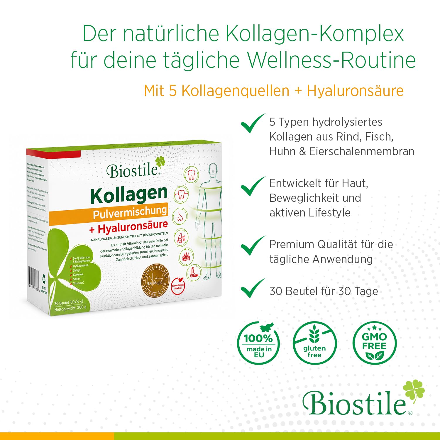 Collagen Powder Blend mit Hyaluronsäure – 30 Beutel mit 8600 mg hydrolysiertem Kollagen, Hyaluronsäure, Vitamin C, Curcumin und Shilajit für Haut, Gelenke und Knochen