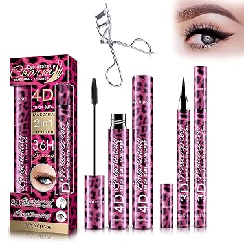 Mascara and Eyeliner Set 4D Fiber Mascara with Eyelash Curler Black Waterproof Mascara EyeLiners Thickening Eyes Makeup Eyeliner Pencil Slim Lasting, Liquid Eyeliner