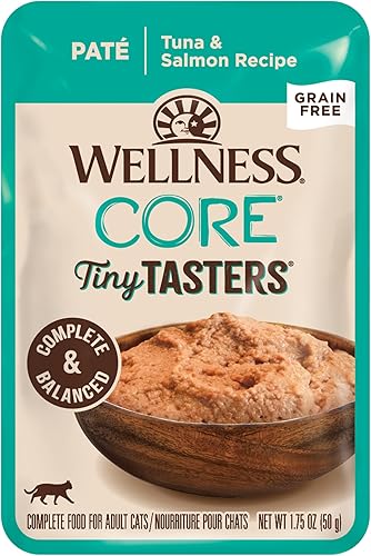 Miniatura 11 de Wellness CORE Tiny Tasters - Alimento húmedo para gatos adultos, natural, rico en proteínas, sin granos, receta de atún y salmón, 1.75 onzas