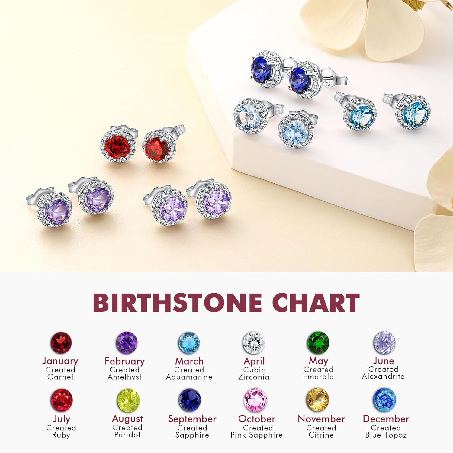 DAYBYDAY Birthstone Earrings for Women 925 Sterling Silver Halo Stud Earrings, Small Round/Cushion/Heart Gemstone Earrings Birthstone Jewelry - Image 5