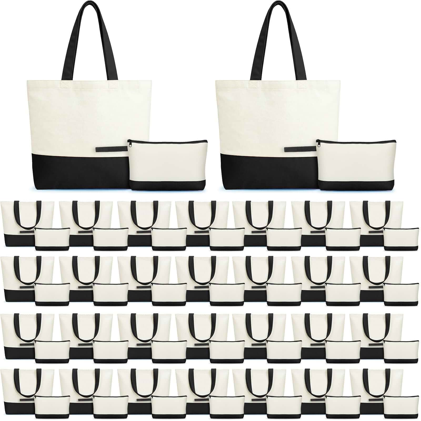 Sanwuta 30 Pcs 18.5" Canvas Tote Bags Bulk with Makeup Bag, BlackReusable Shopping Grocery Totes, Zipper Canvas Beach Bag with Handle, Sublimation Blank Canvas Bag for DIY Craft
