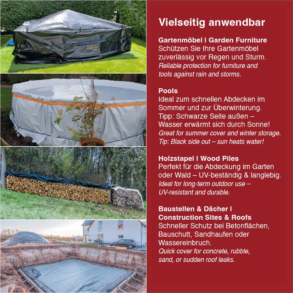 Lona para silo 10×14 m PE 150 µm | Cubierta Impermeable para jardín y Obras | Sin ojales, resistente al desgarro, para leña, muebles, huerto, piscina y protección contra lluvia