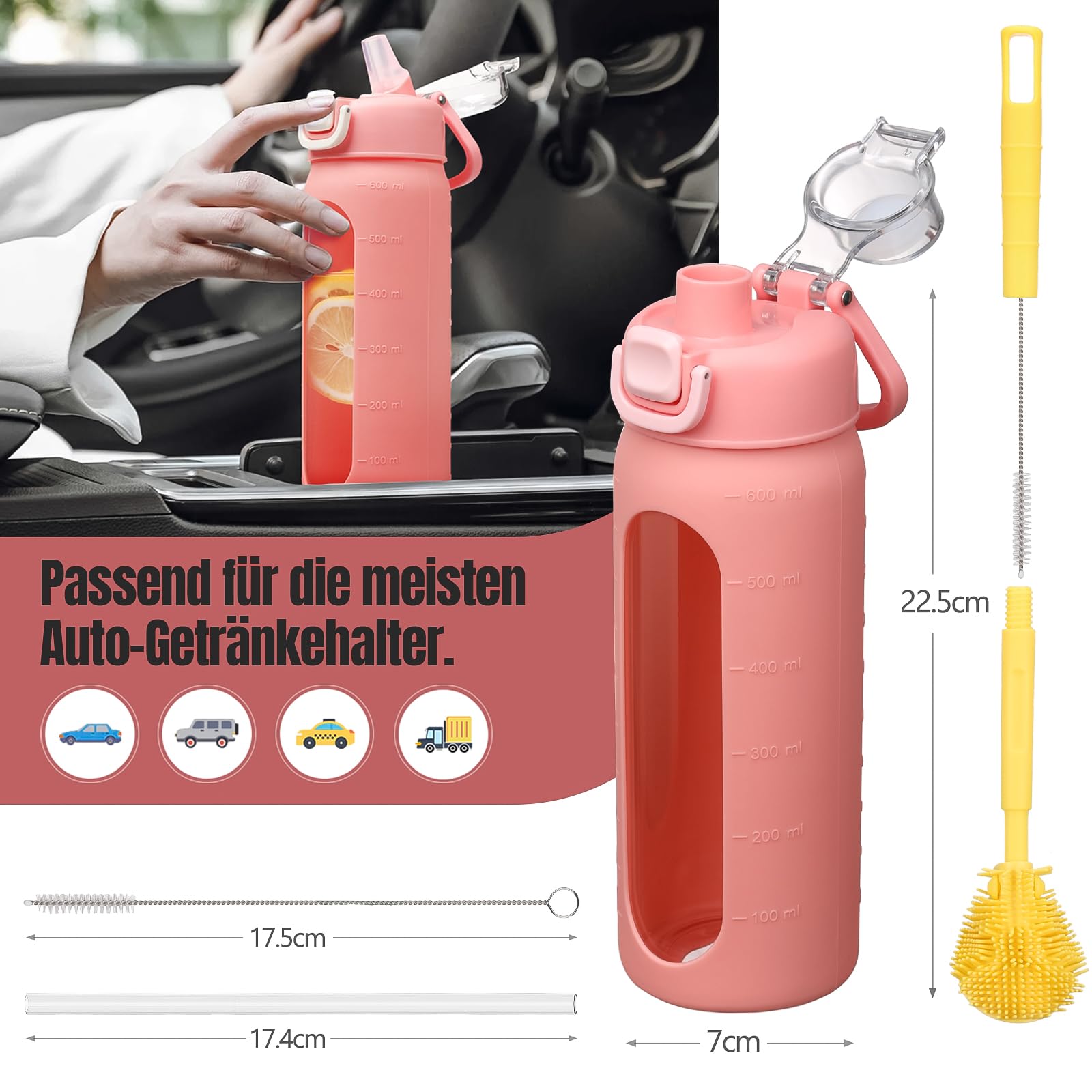 Seekua Glas Trinkflasche 0,6l Mit Strohhalm - BPA Frei Mit Zeitmarkierung