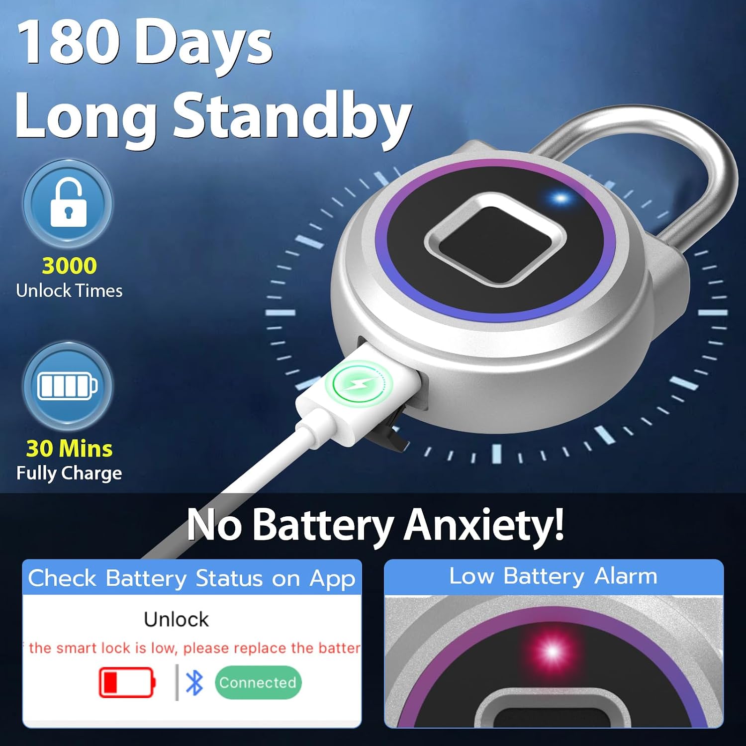 Smart Padlock,Fingerprint Locker Lock,Biometric Fingerprint Padlock Outdoor Waterproof Gym Lock for Locker Gym Fence Gate Toolbox Case Storage image 5