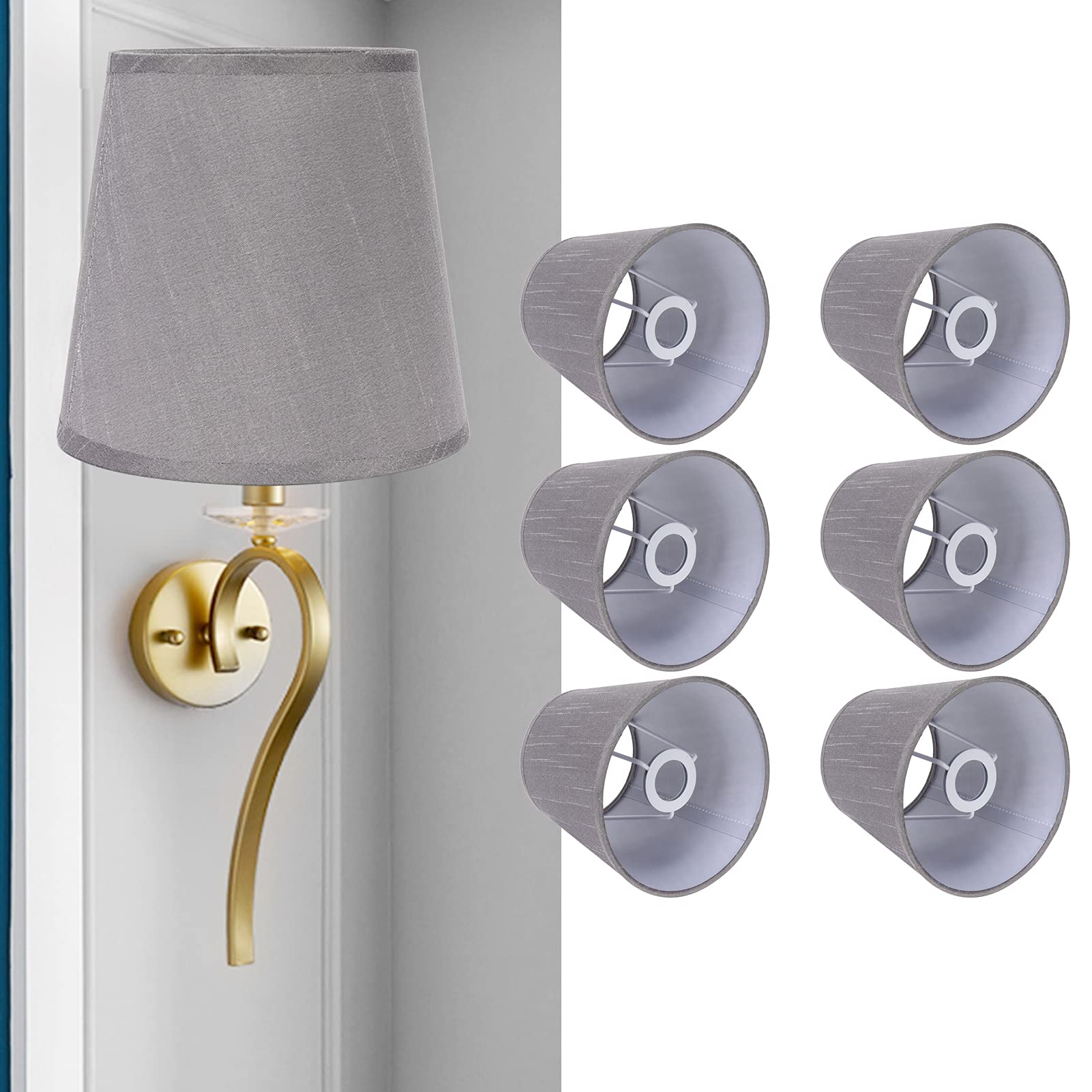 6 Pièces Gris Tissu Tambour Abat-jour Style Moderne Tissu Art Lustre Abat-jour pour E14 Vis Mur Lampe de Chevet