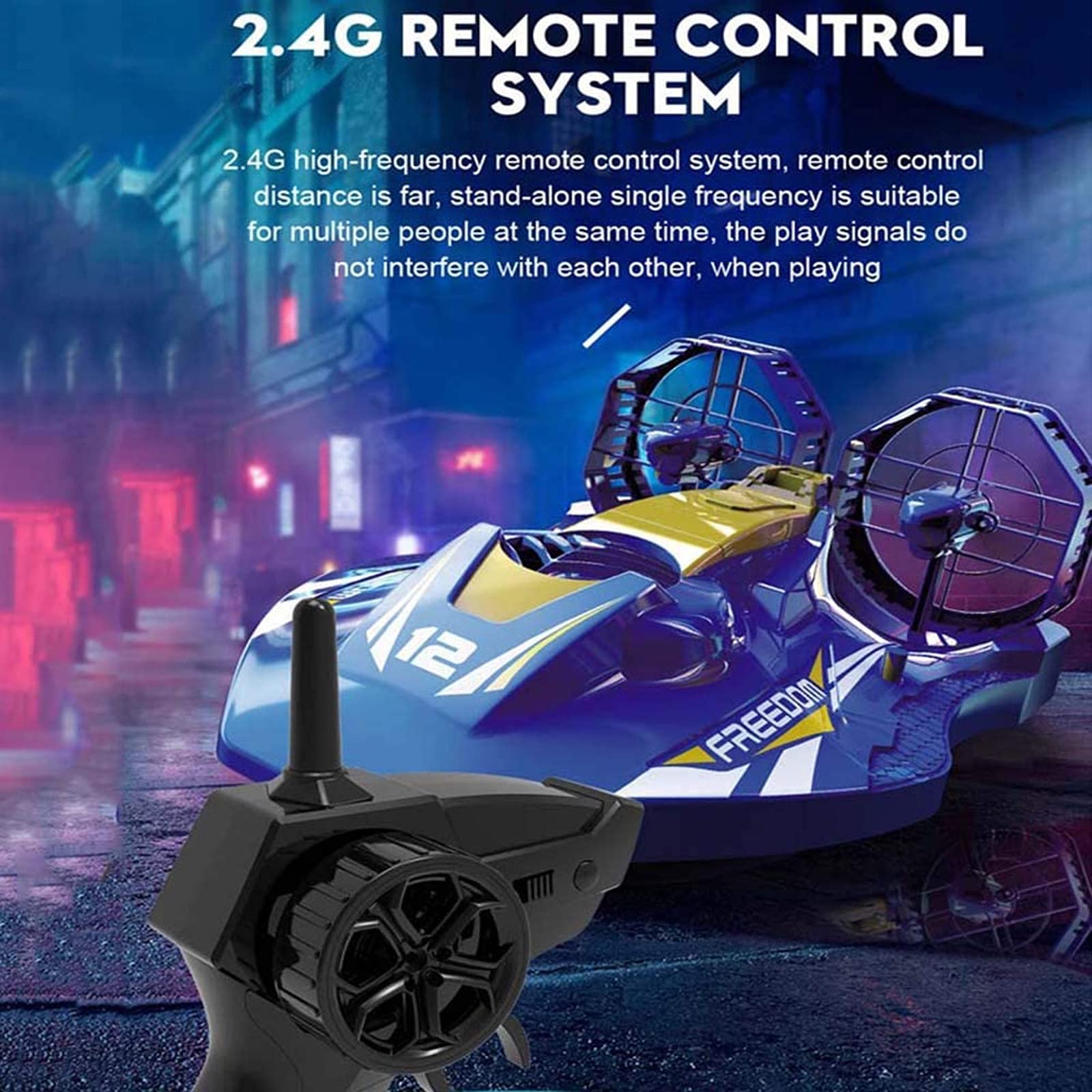 2.4GHz Bateau Télécommandé pour Aéroglisseurs Terrestres et Aquatiques Double Pouvoir, Rappel de Batterie Faible, Cadeaux de Jouets Nautiques pour Enfants et Adultes, Bleu