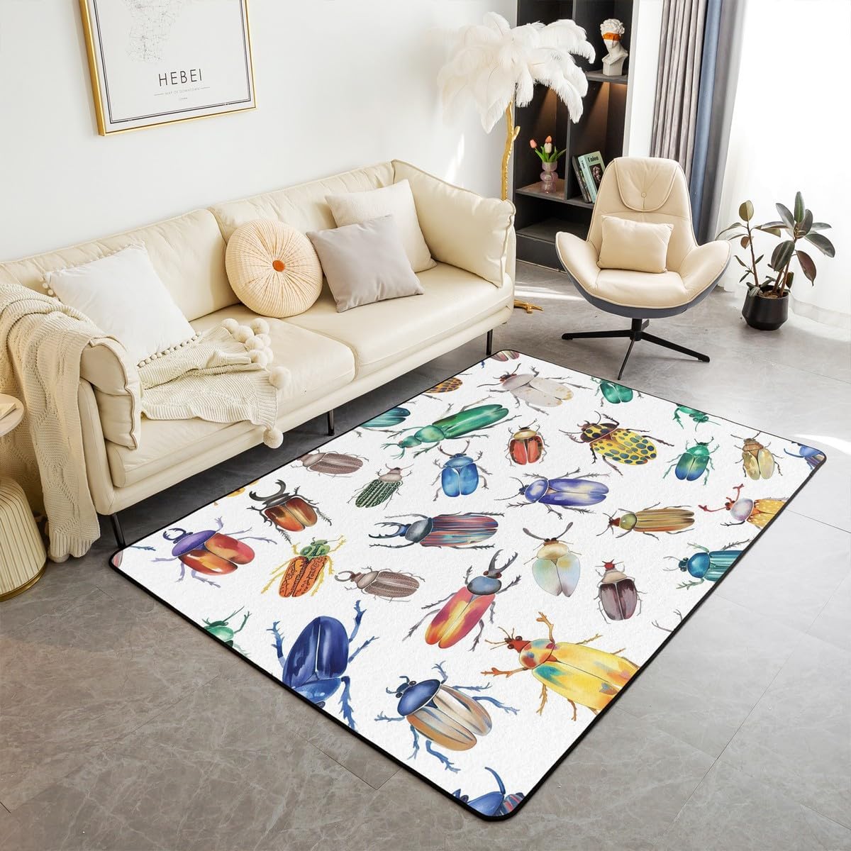 jejeloiu Bug Area Rug 3x5 Flying Bugs Pattern Rugs for Living Room Bedroom for Kids Boys Girls Teens Colorful Beetle Decorative Carpet Nature Theme Non-Slip Indoor Floor Mat Accent Rug