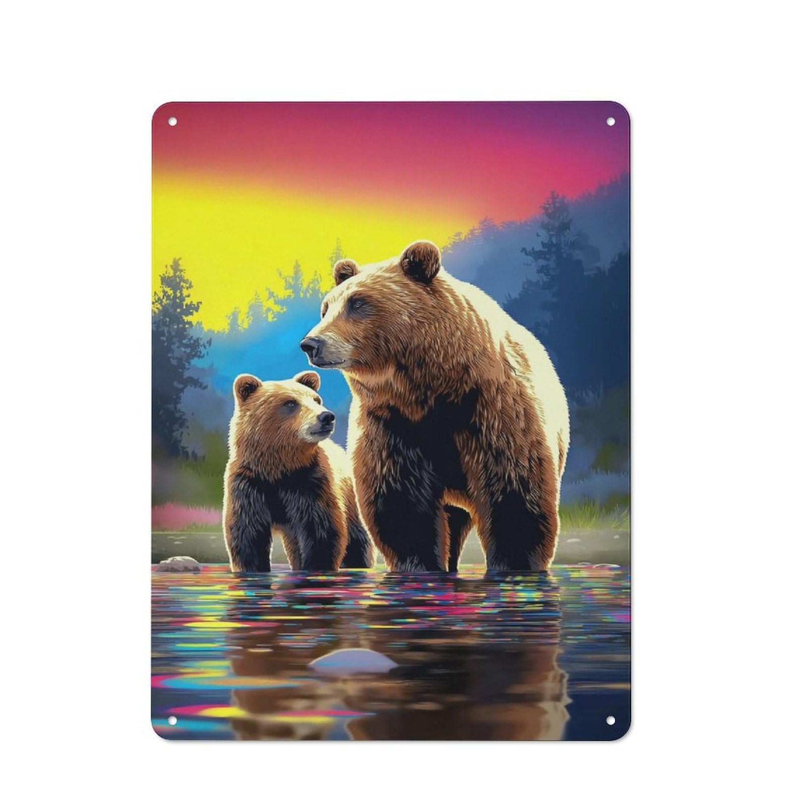Junmoney Sunset Bears Reflection Metal Sign 40X30cm, Vintage Bar Wall Plaque For Diner, Restaurant, Shed Or Kitchen