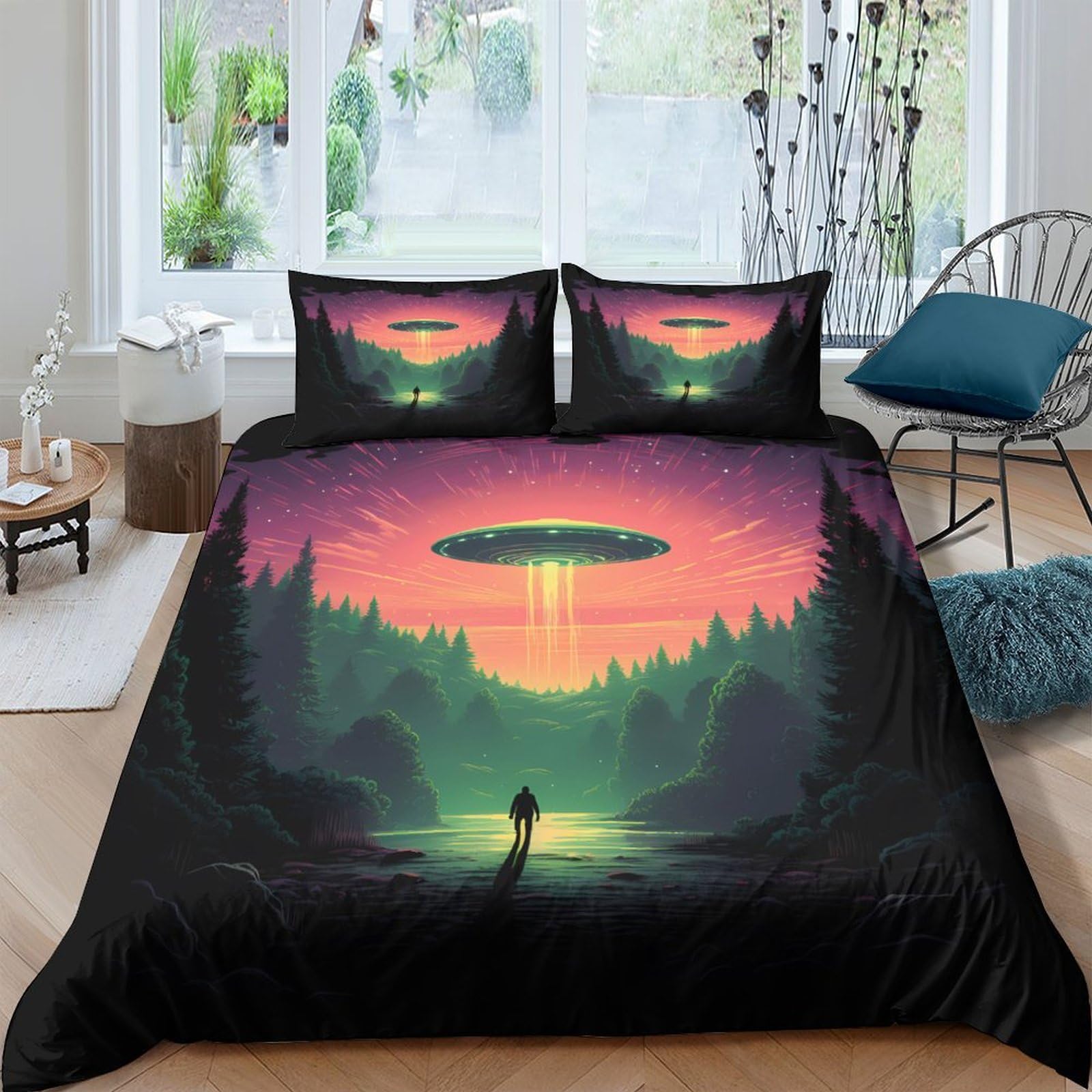 Ctjqhvkz Style-1 3D Printed Ufo Forest Fitted Sheet Microfiber Anti-Slip Mattress Cover For Bedroom Guest Room Decor Single（135X200cm）
