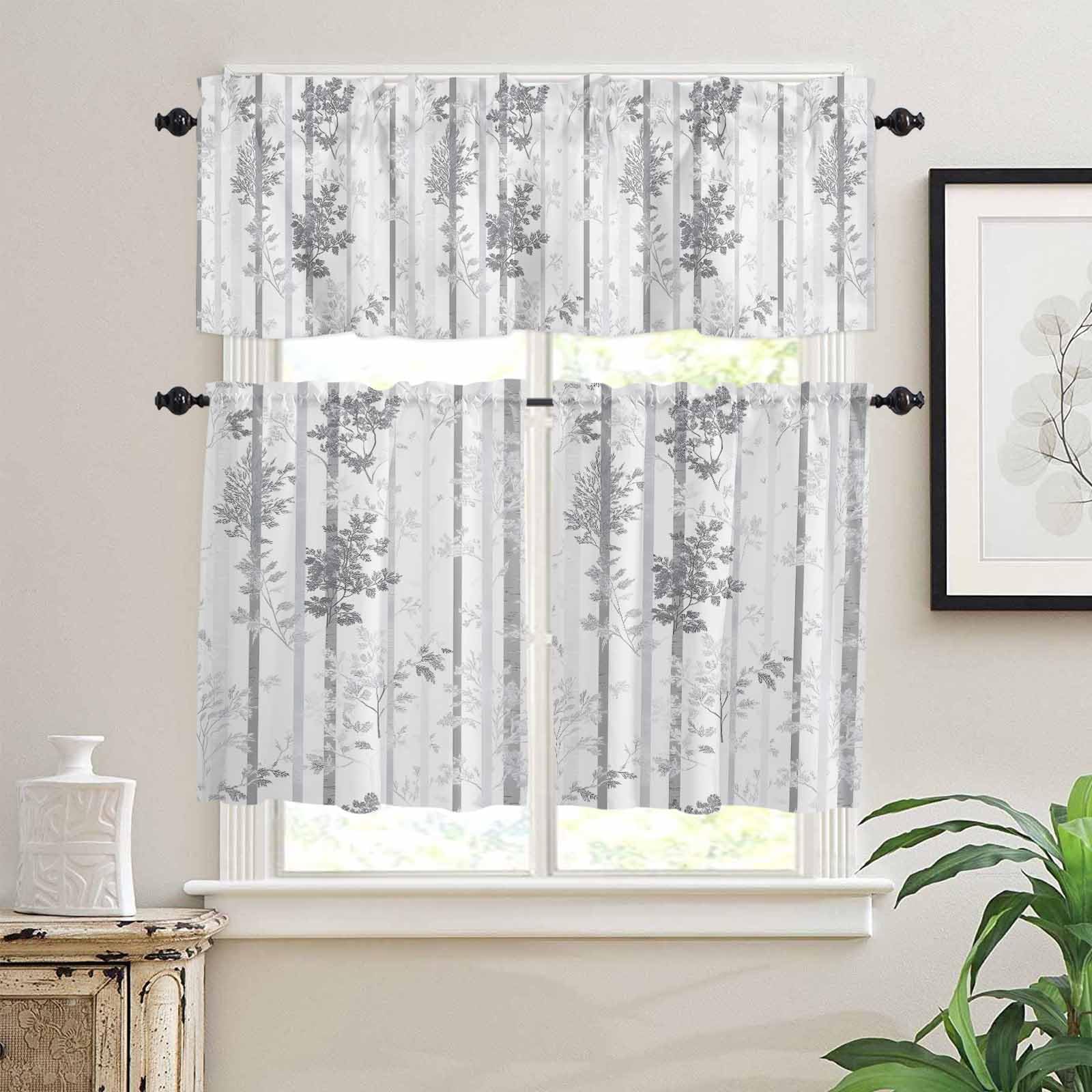Grey Forest Striped Kitchen Curtains 24 Inch Length, 3 Piece Rod Pocket Small Half Tiers and Valance Set, Gray Ombre Tree Branches Small Large Window Treatment Decor for Bedroom/Bathroom Sink