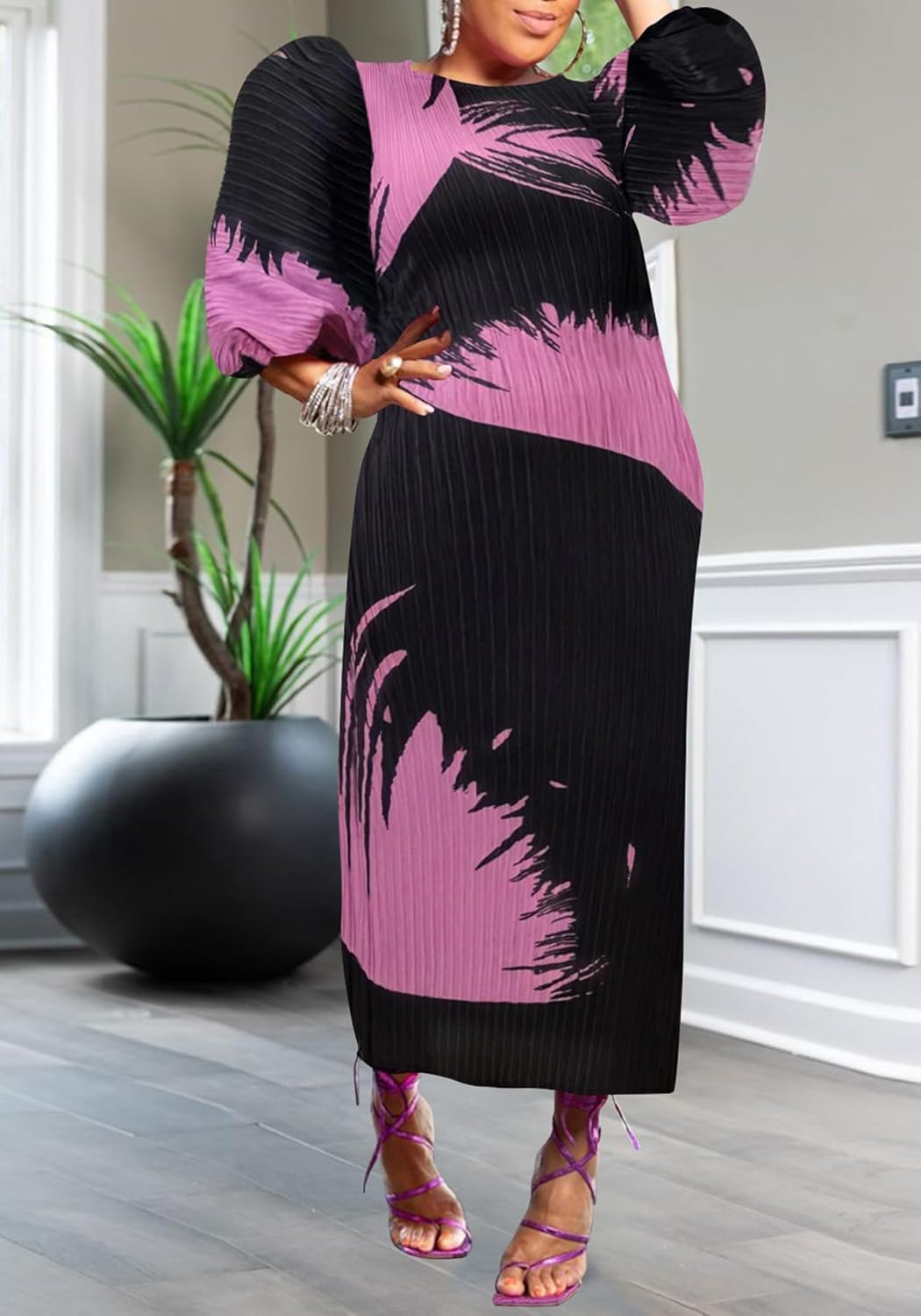 Women Colorful African Dress Floral Puff Long Sleeve Wedding Guest Party Pleated Maxi Dress - Image 3