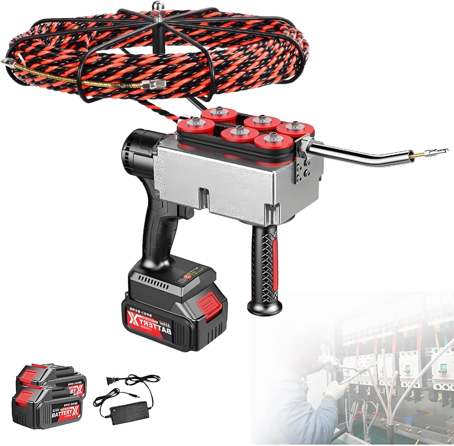 Cordless Fish Tape, Professional Wire Threading Tool, Wire Threading Machine, Brushless Motor 50FT Lead Line Electric Cable Lead Stringing for Running Wire Through Walls 2Battery-37500mah
